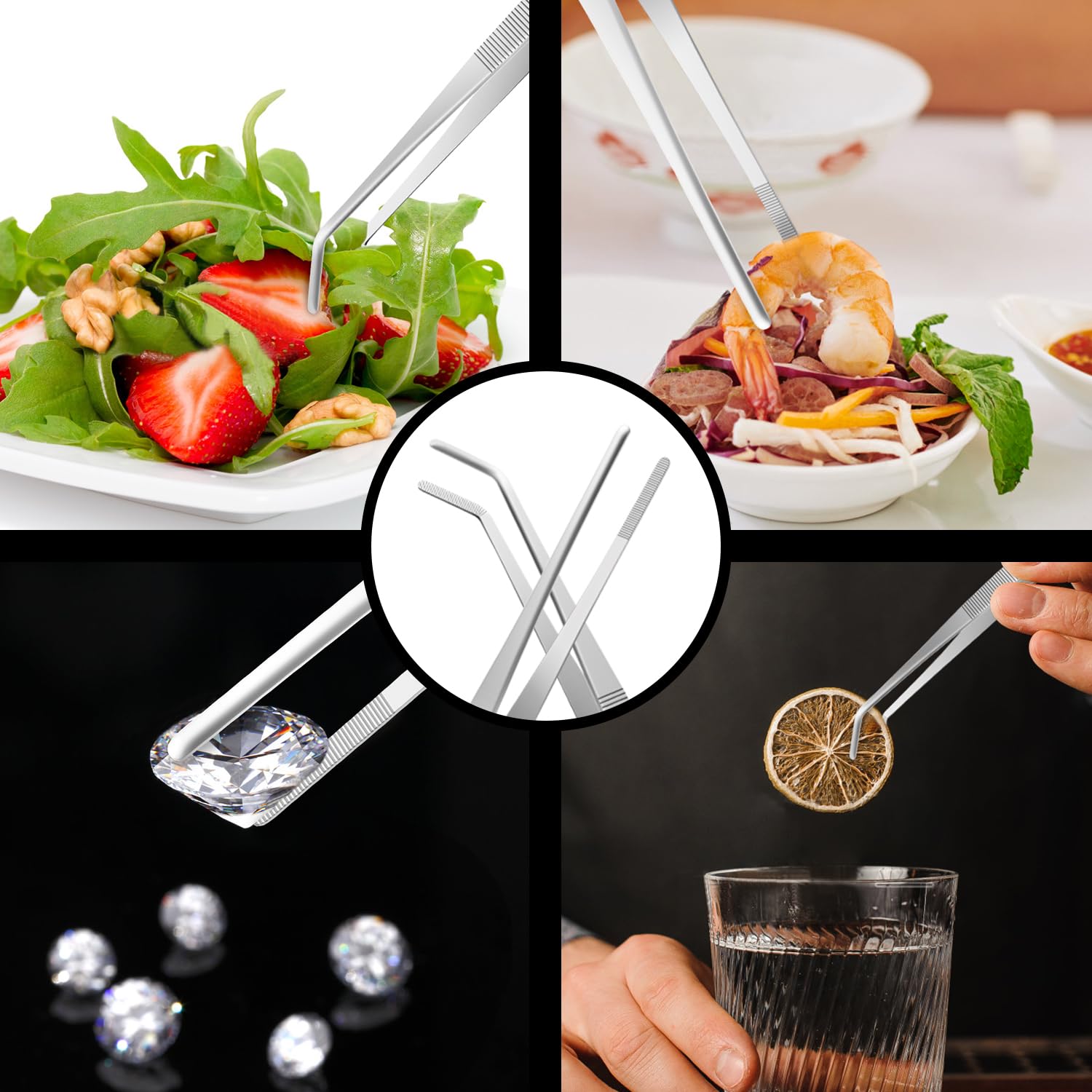 Pinzas de cocina de acero inoxidable de 8 pulgadas de largo, pinzas grandes resistentes para alimentos con puntas dentadas de precisión para cocinar (8 pulgadas rectas + curvas)