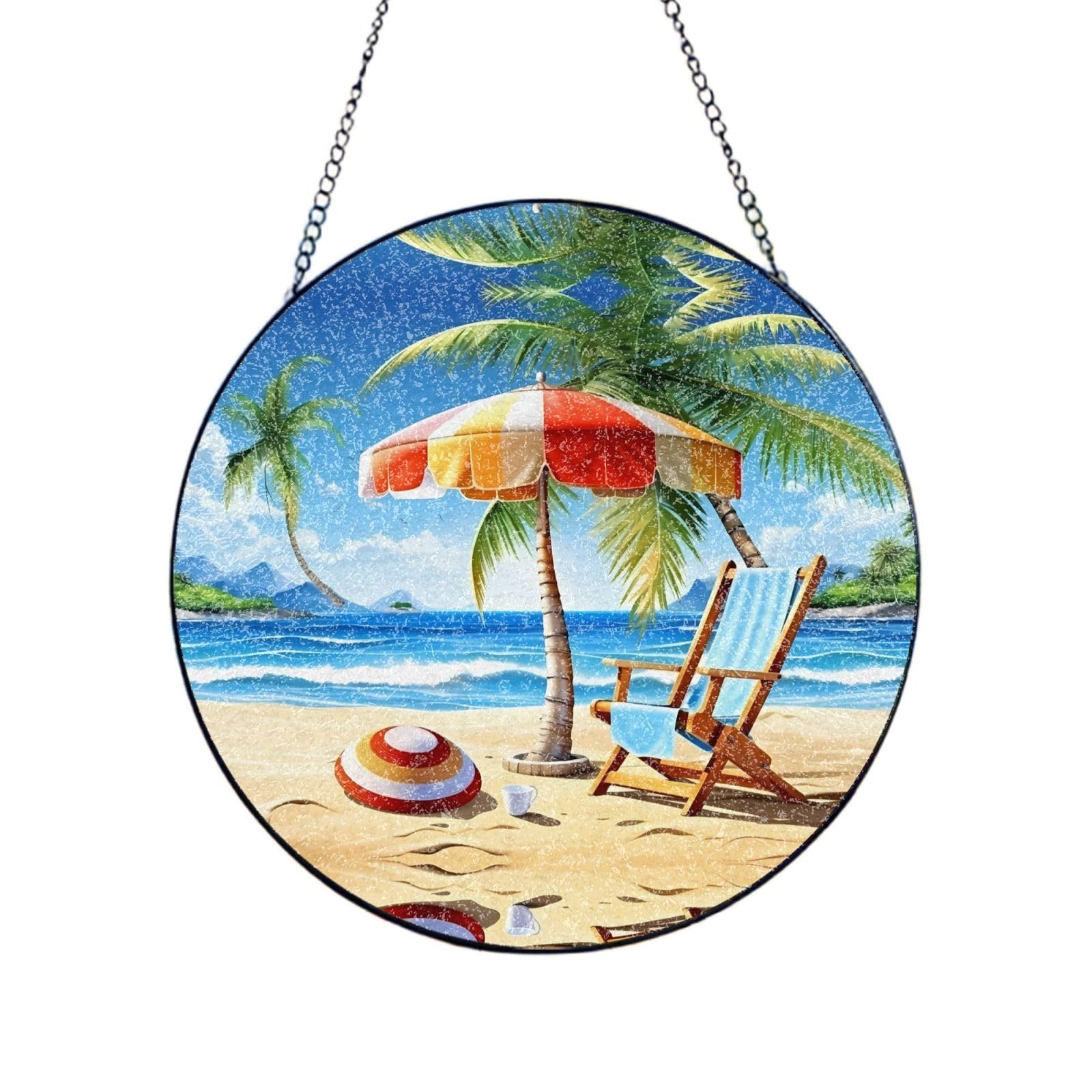 Phayah Beach Umbrella Lounger Print Glass Window Hanging Round Suncatcher Glass Ornament Garden Wall Fence Decorations Indoor Outdoor 10in（25cm）