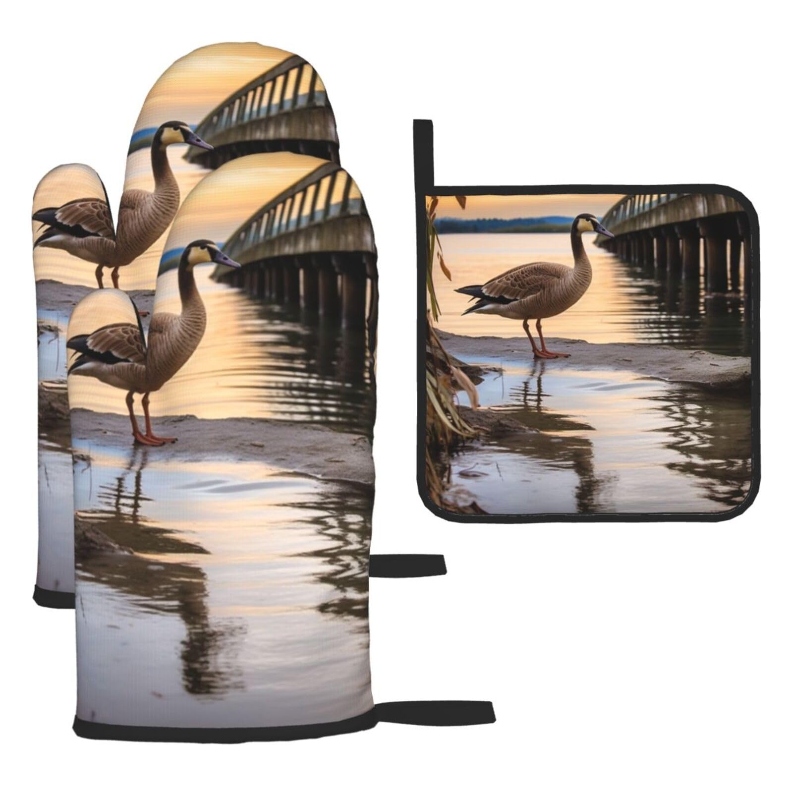 3 Pcs Oven Mitts and Pot Holders Set 500°F Heat Resistant Oven Gloves and Hot Pads Kitchen Mittens Wild Goose by The Bridge Cooking Gloves Potholders for Baking Grilling BBQ