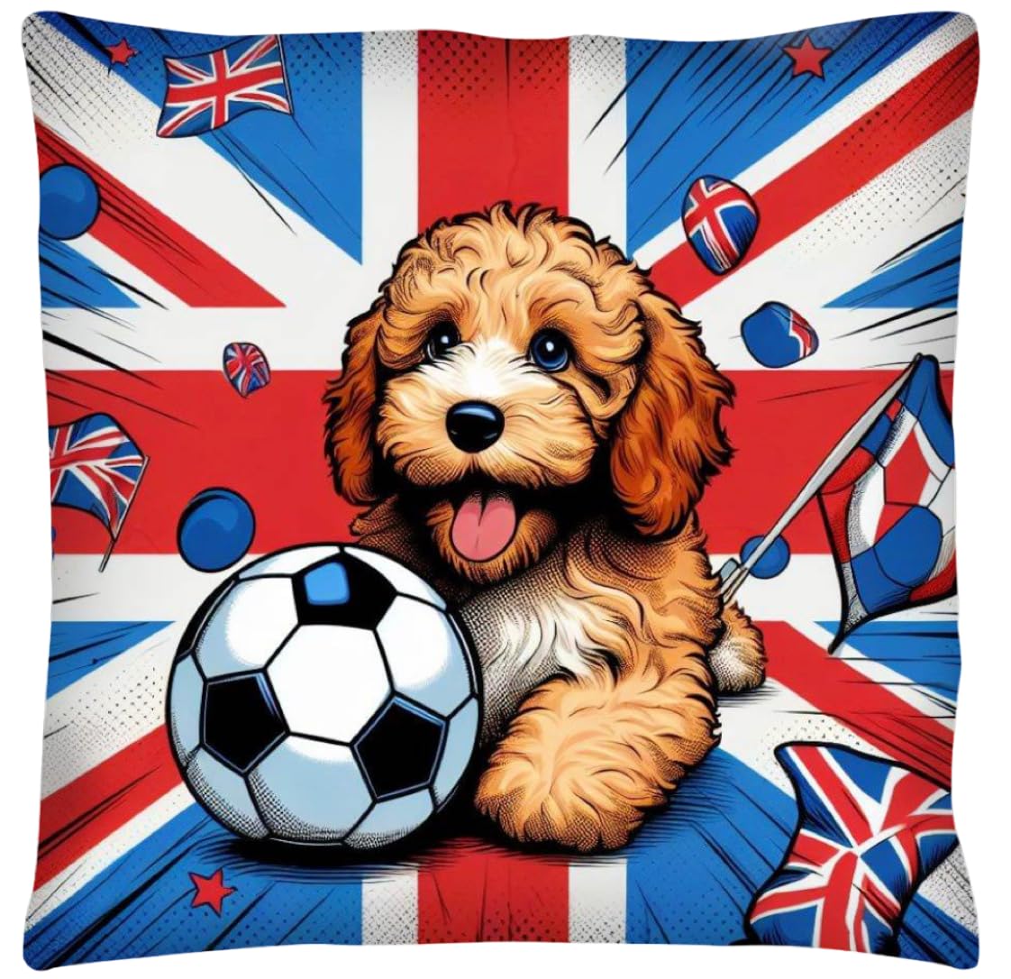 The Beach Stop Pop Art Union Jack Cockapoo Puppy Dog with Football Accent Cushion Cover | Home Decor Inspo | Gift Idea for Cockerpoo Lovers | 45x45cm 18x18” | Cockapoo Football