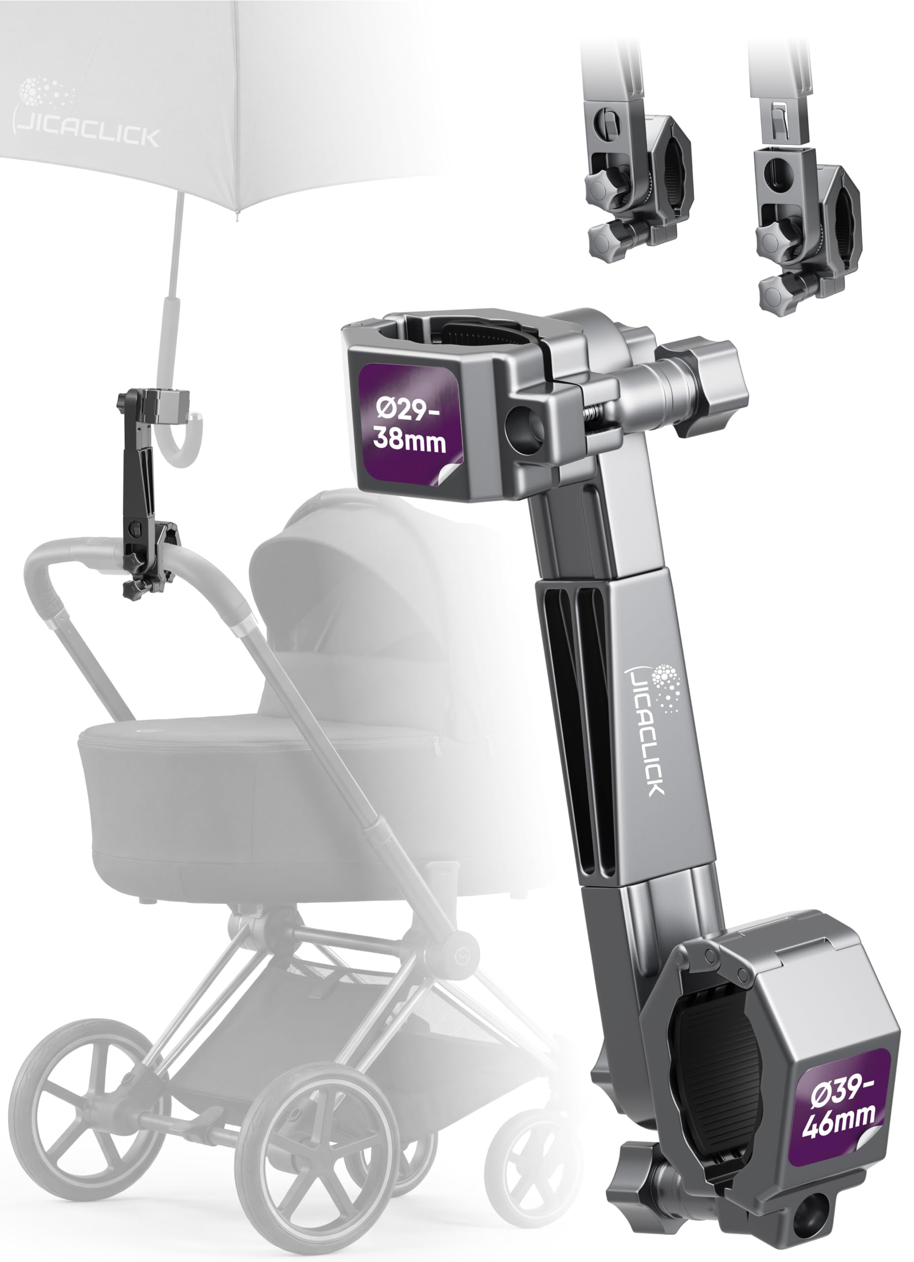 Soporte Paraguas Carro Bebe y Andador Universal Porta Paraguas Silla de Ruedas y Bicicleta Soporte para Carrito de Golf y Scooter 4 ruedas Ajustable y Facil de Instalar (XXL - Tubos de 39-46 mm)