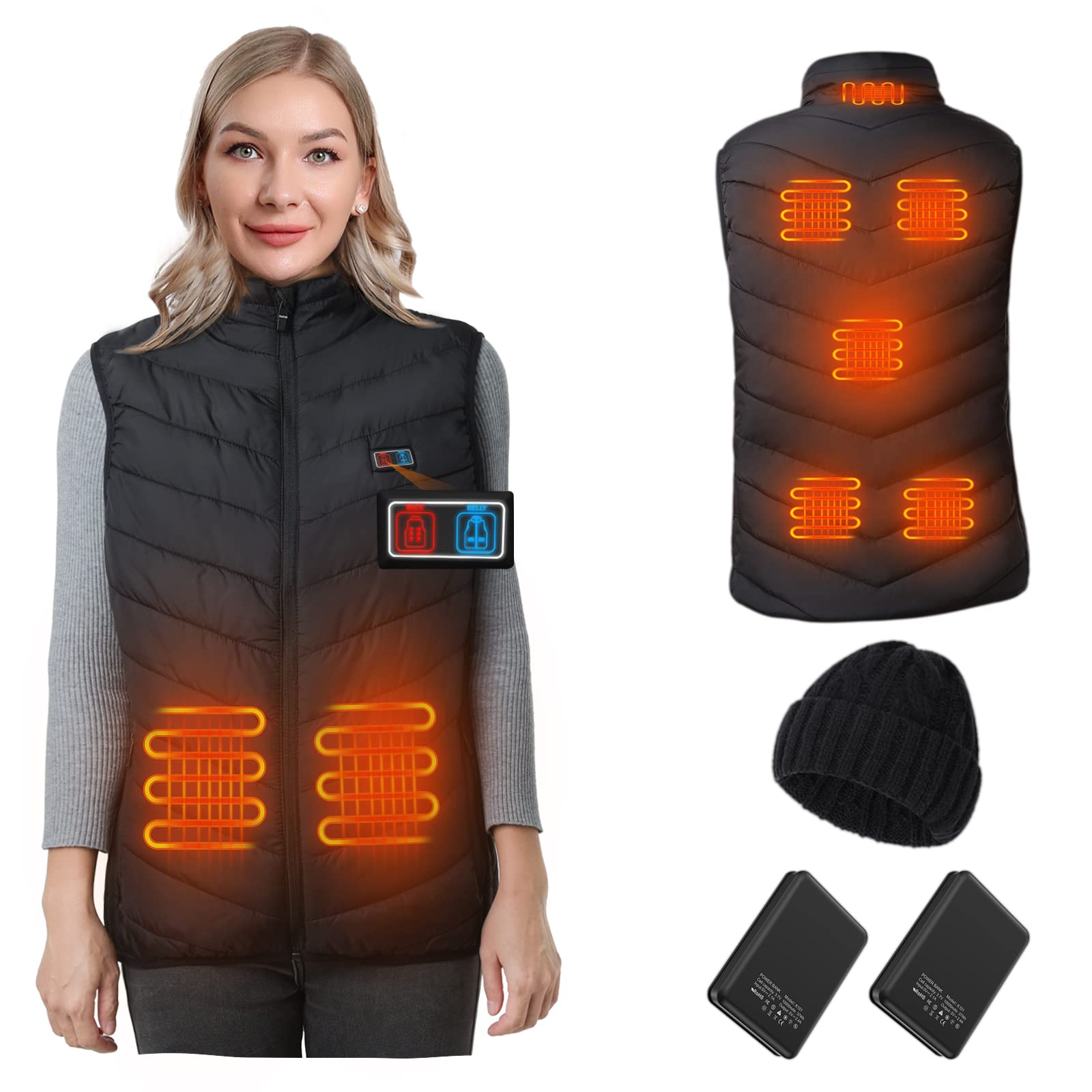 QTREE intelligenceWomen heated vest with 2pack 10000mAh Power Bank, 2 Button Control Rechargeable 8 Zones Heating vest