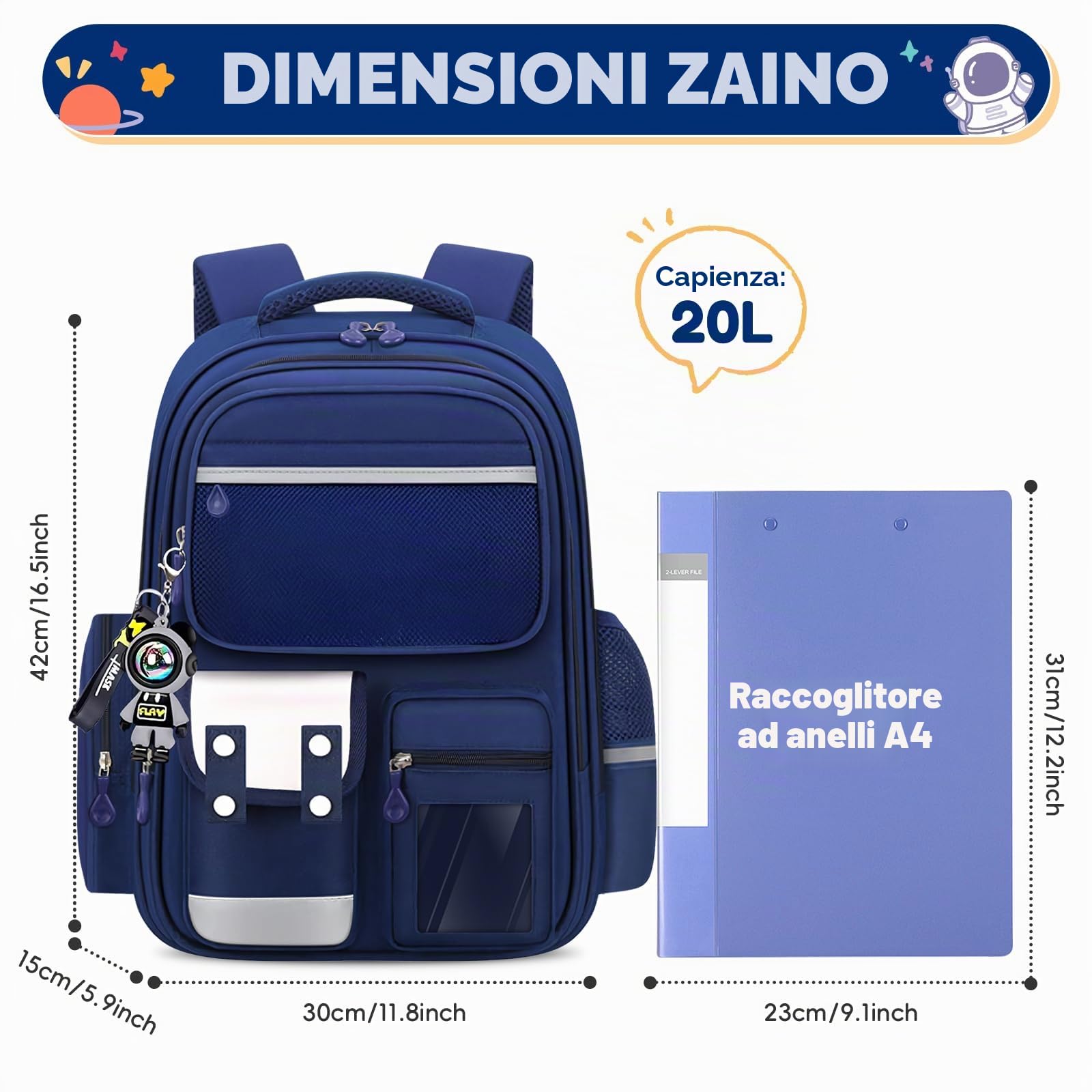 Amythe Zainetto per Ragazzi, Zaino Bambino Scuola Elementare con Molteplici Scomparti e Strisce Riflettenti, Zaini Elementari per Bambini dai 8 ai 12 anni per Scuola o Viaggio, Blu