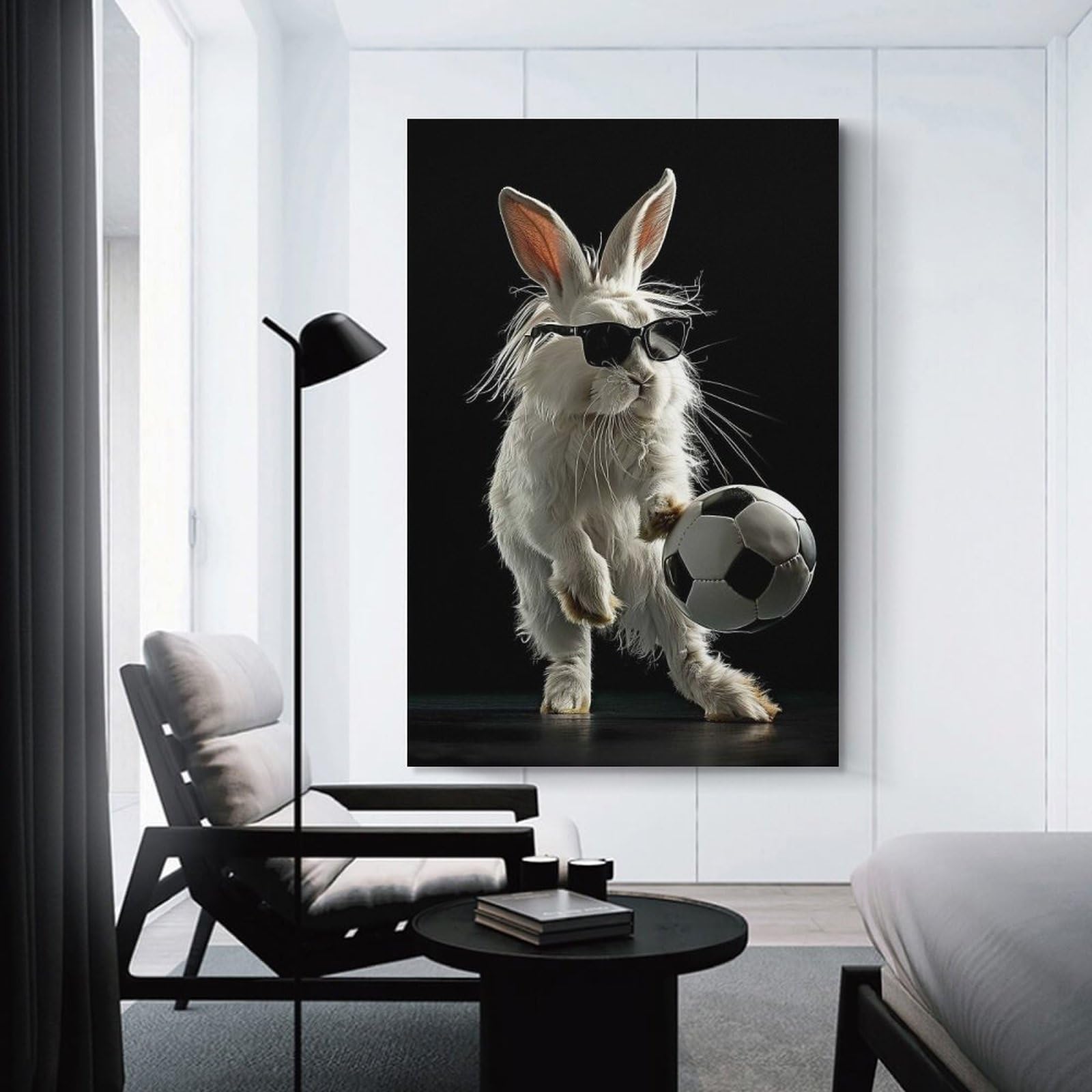 Junmoney Canvas Art Print Cool Bunny with Soccer Ball, 24x36inch(60x90cm), for Office, Study Or Home Workspace, Home Office Artwork with Decorative Appeal
