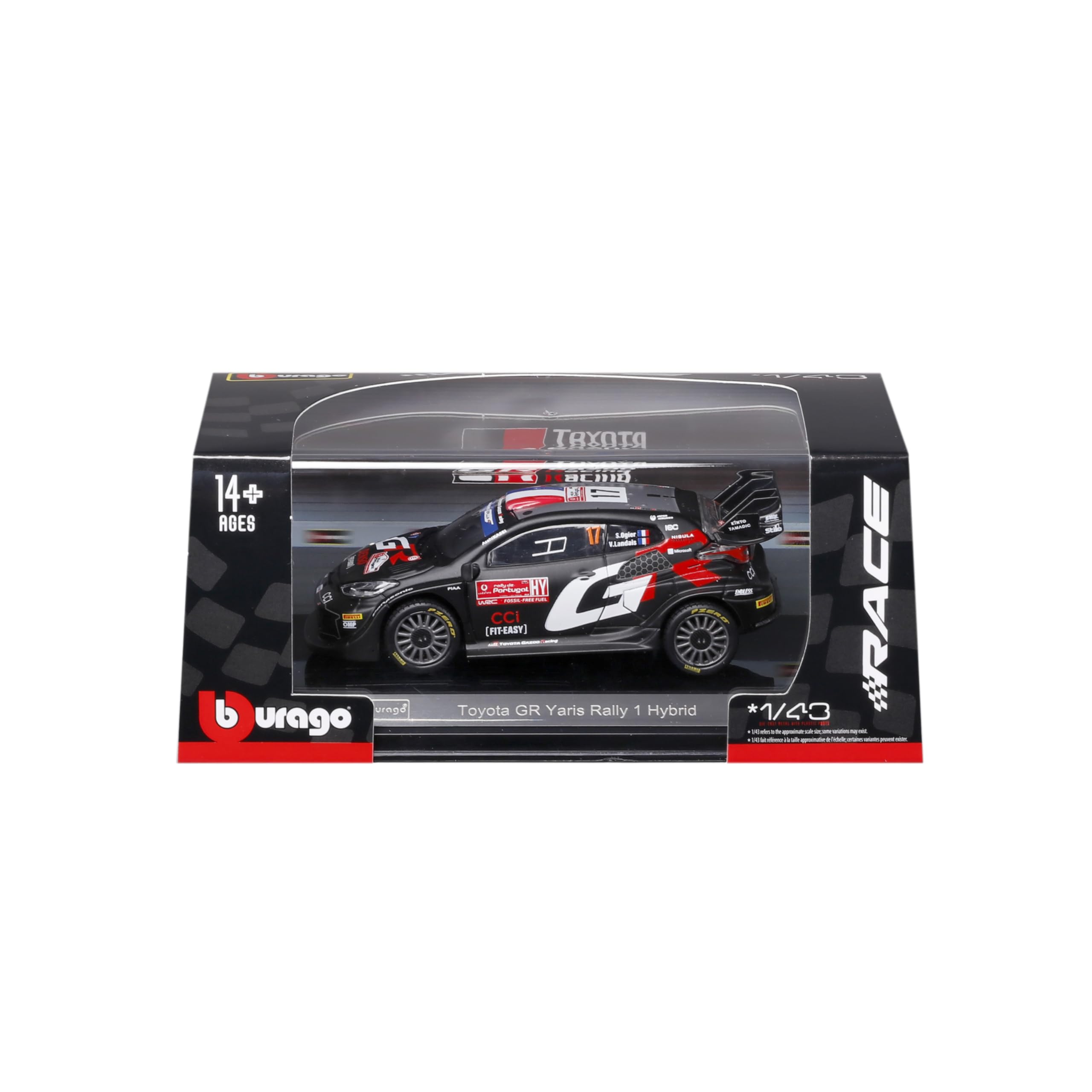 Bburago - Toyota GR Yaris Rally 1 Hybrid #17 Ogier with Display Case in 1:43 Scale, Diecast Rally Car, Detailed Replica, Officially Licensed by Toyota, Recommended Age 14+