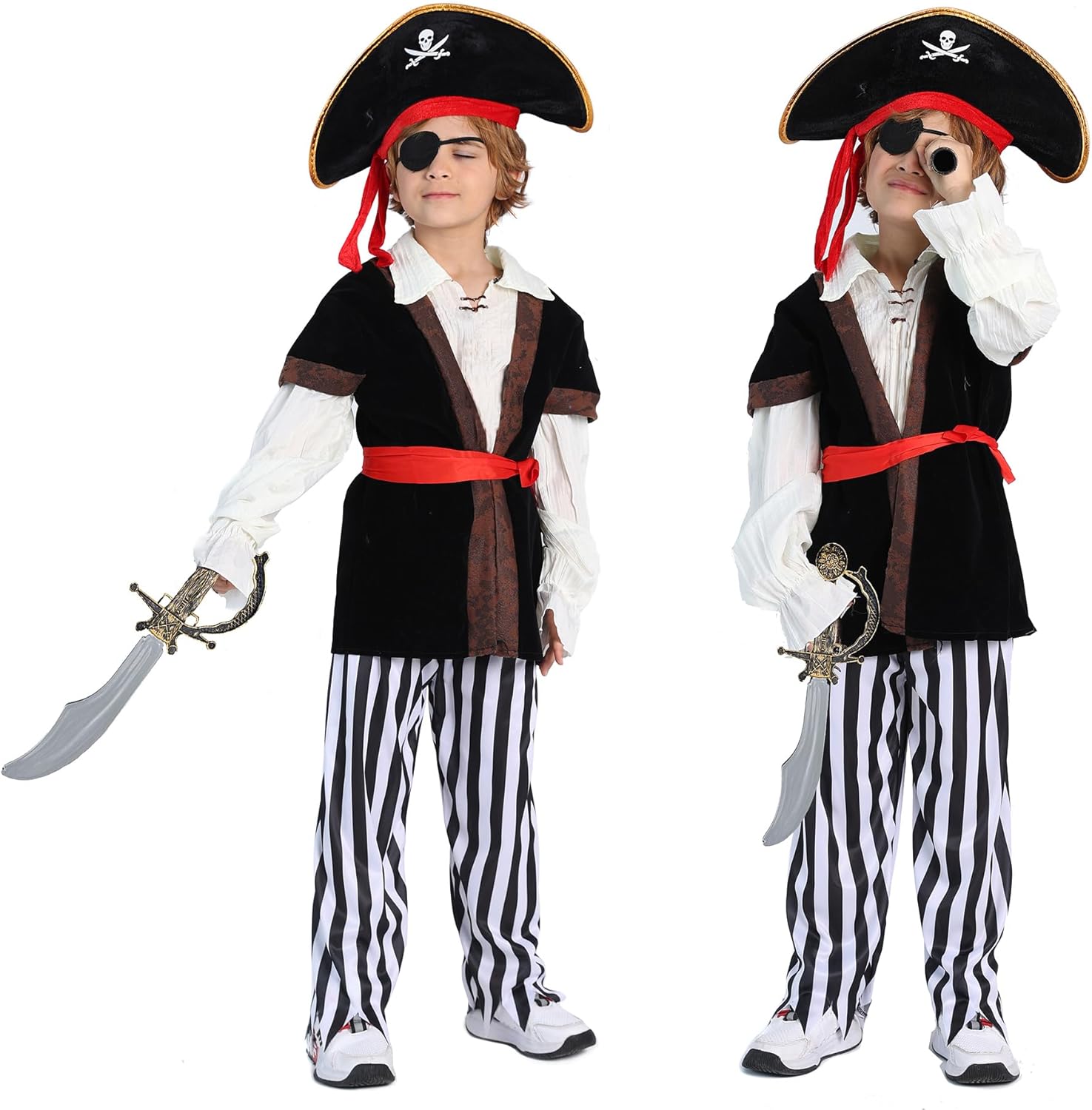 9 PCS Pirate Costume Kids Coat Pants Hat with Accessories Deluxe Set for Party Cosplay 3-12 Years - Image 2