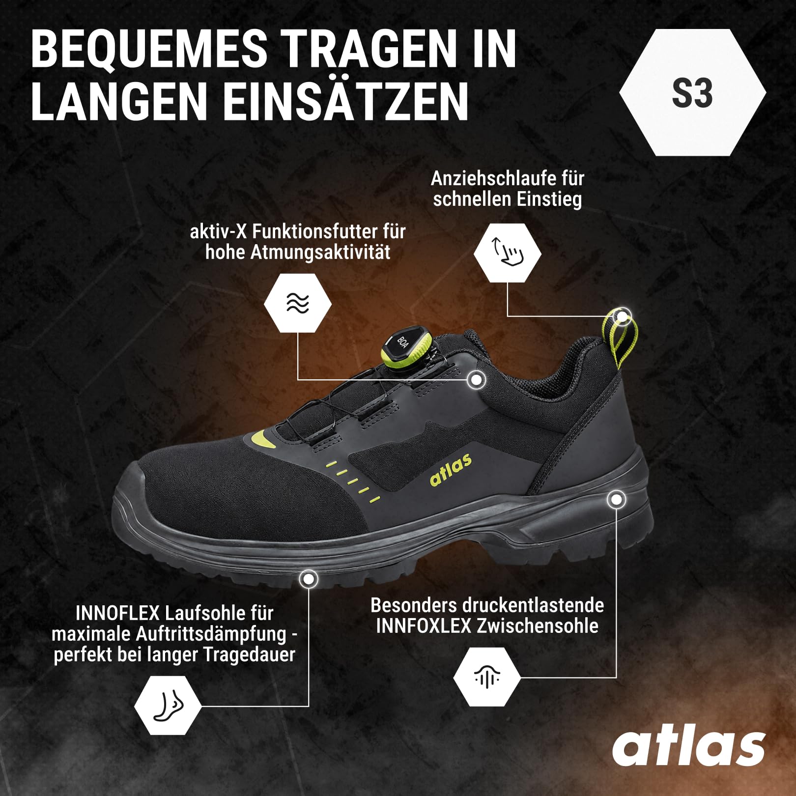 Atlas BOA Force Low S3 Sicherheitsschuhe, Arbeitsschuhe Herren mit Stahlkappe, Durchtrittsicher, ESD, BOA Fit System, Weite 10