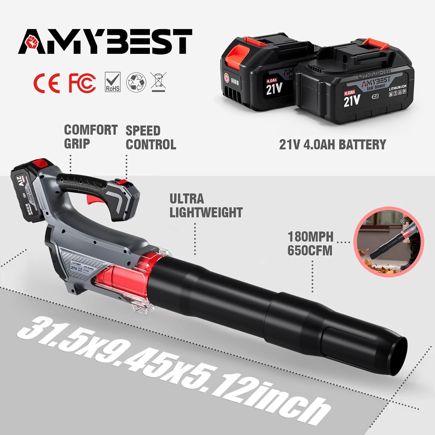 AMYBEST Leaf Blower Cordless, 21V Lightweight Electric Blower with 2 x 4.0Ah Batteries & Fast Charger, Variable Speed for Patio Cleaning, Lawn Care, Blowing Fallen Leaves and Dust (Gray) - Image 5