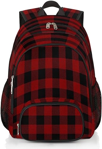 Mochila escolar a cuadros de búfalo rojo y negro, mochila escolar para adolescentes, niñas, niños, mochila escolar para computadora de hombro,