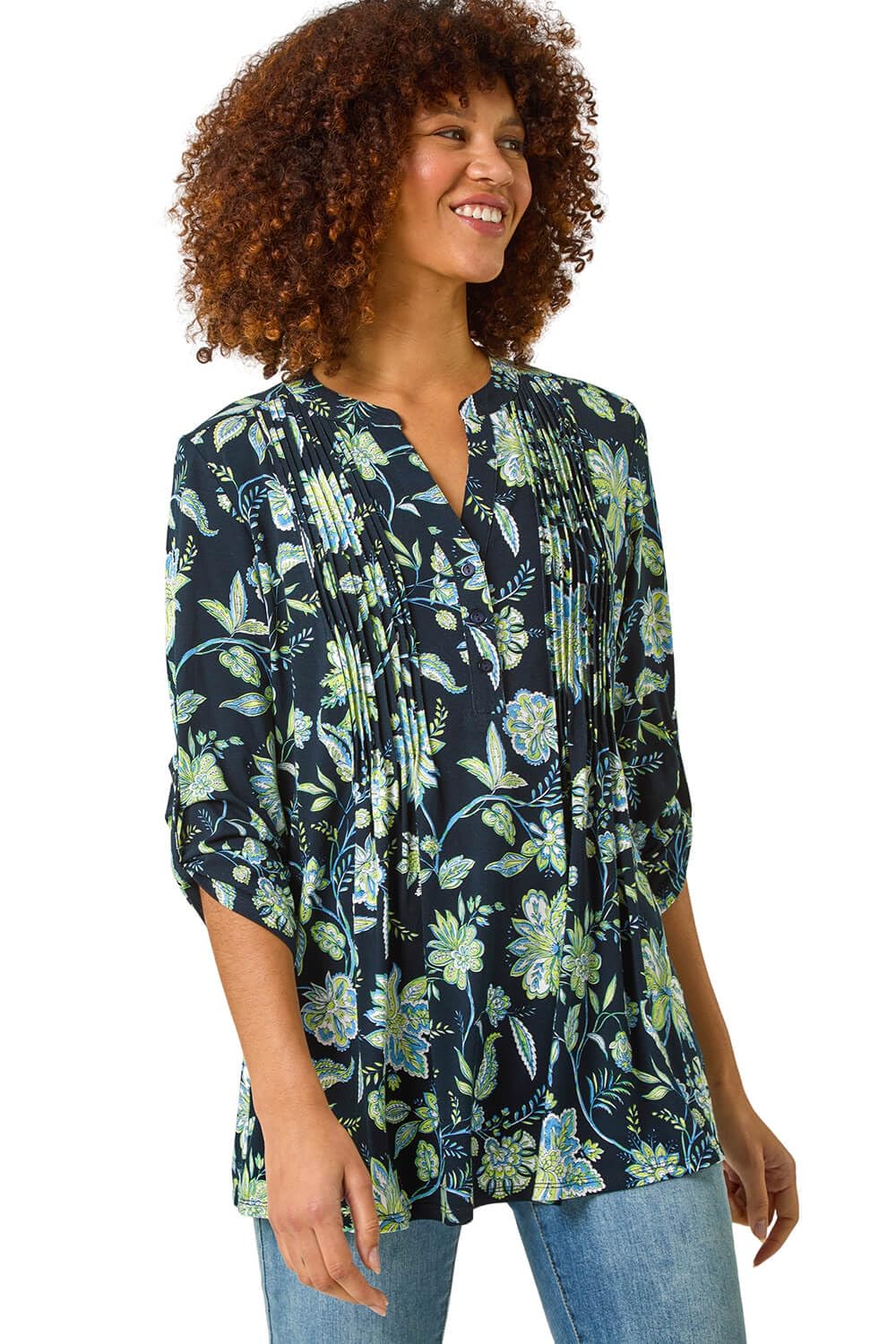 Roman Originals Pintuck Shirt for Women Ladies Jersey Blouse Collarless Top Flare Crinkle Notch Neck Tunic 3/4 Length Sleeve Longline Smart Casual Party Going Out - Lime - Size 10