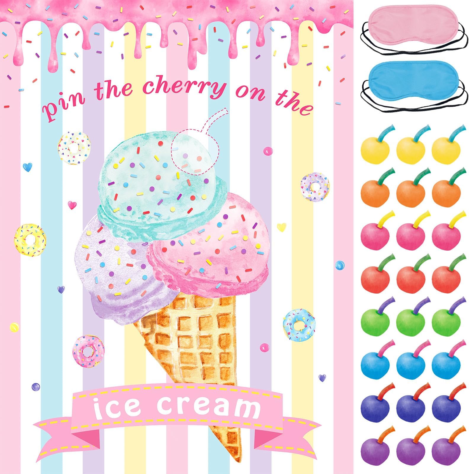 Pin The Cherry on The Ice Cream Game with 24 PCS Cherry Stickers Games Poster for Kids Girls Birthday 21'' x 28''