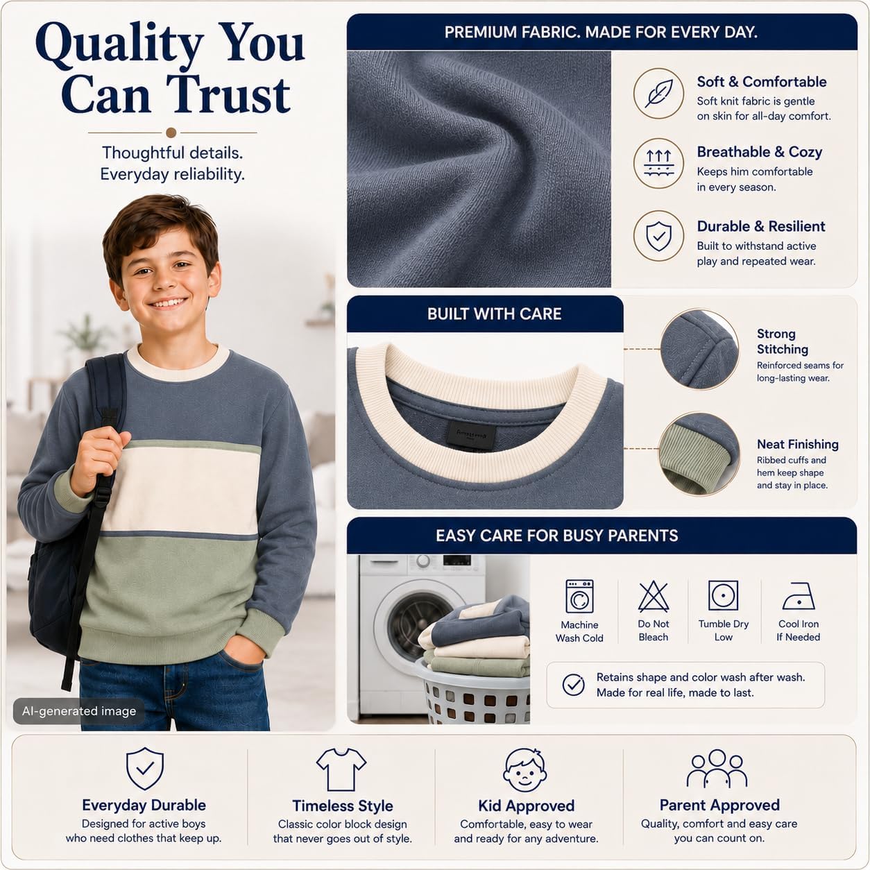 Bienzoe Boy Color Block Sweatshirt: Crewneck Soft Knit Pullover | School Days, Casual Wear, Weekend Outings, Family Gatherings, Travel Days, Easy Matching, Designed For Growing Kids Aged 6-13