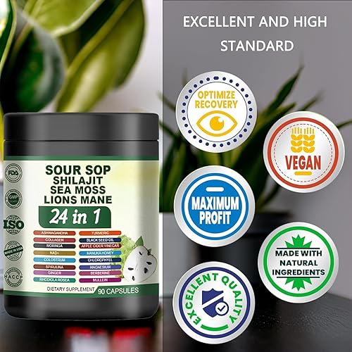 Miniatura 6 de Suplemento de guanábana 24 en 1  Cápsulas de graviola con shilajit, musgo marino, melena de león, cúrcuma, ashwagandha, jengibre y miel de manuka y