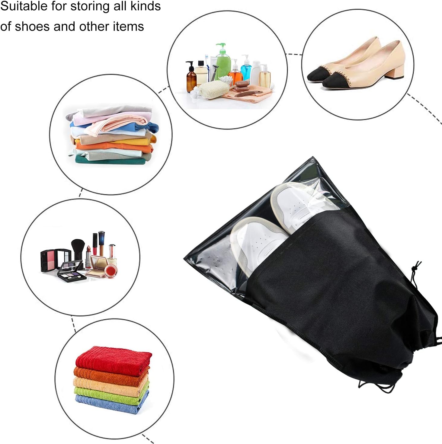 6 Pcs Travel Shoe Bags, ULIFEMALL Large Non-Woven Drawstring Shoes Storage Bag with Transparent Slot Clear Window Portable Waterproof Dustproof Shoes Pouch Packing Organizer for Men Women, Black - Image 5