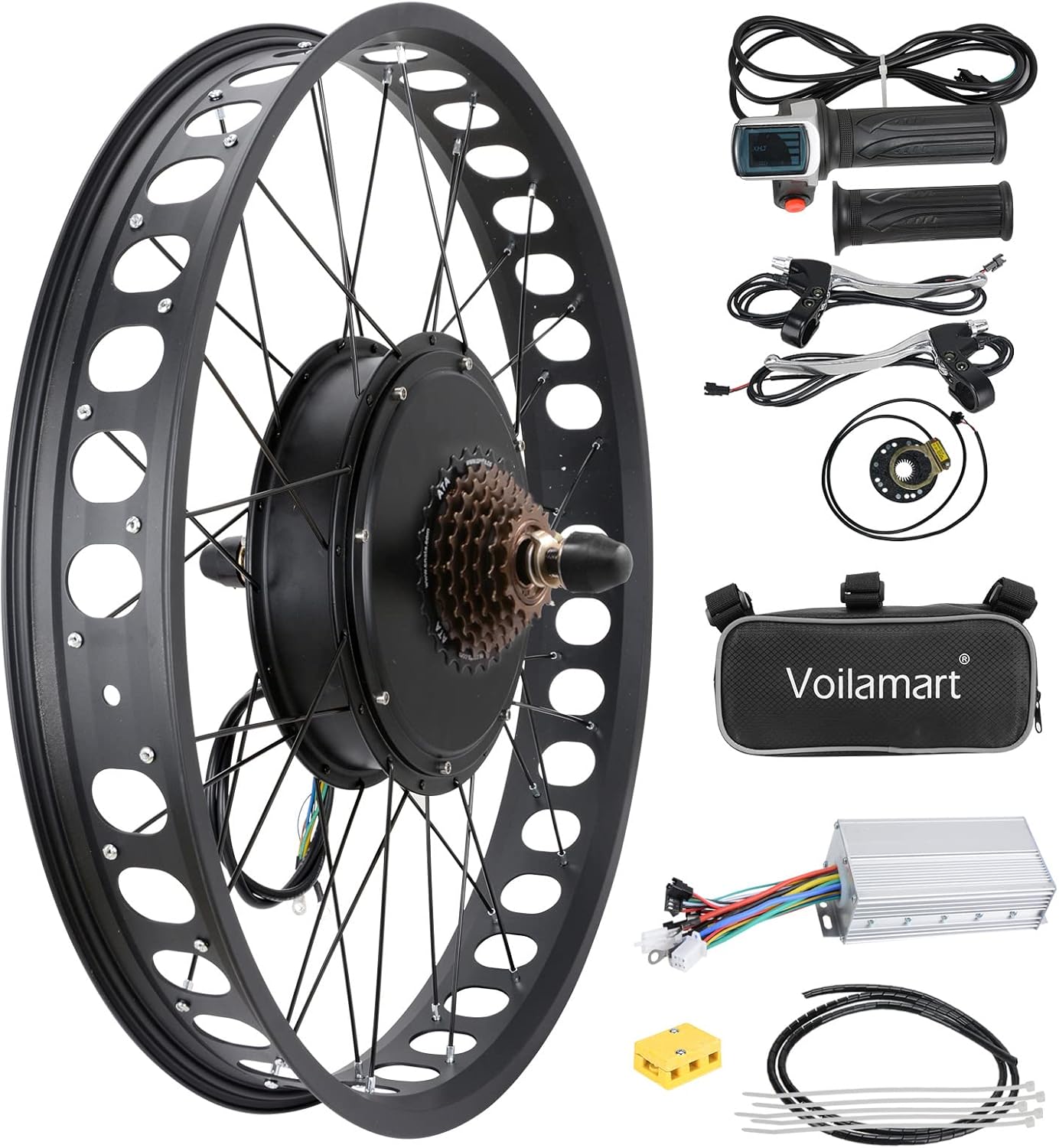 Voilamart 26" Electric Bike Conversion Kit Rear Wheel, with 3.23" Width Rim 48V 1500W E-Bike Hub Motor Kit with Intelligent Controller and PAS System, Restricted to 750W for Road Bike(Without Battery)