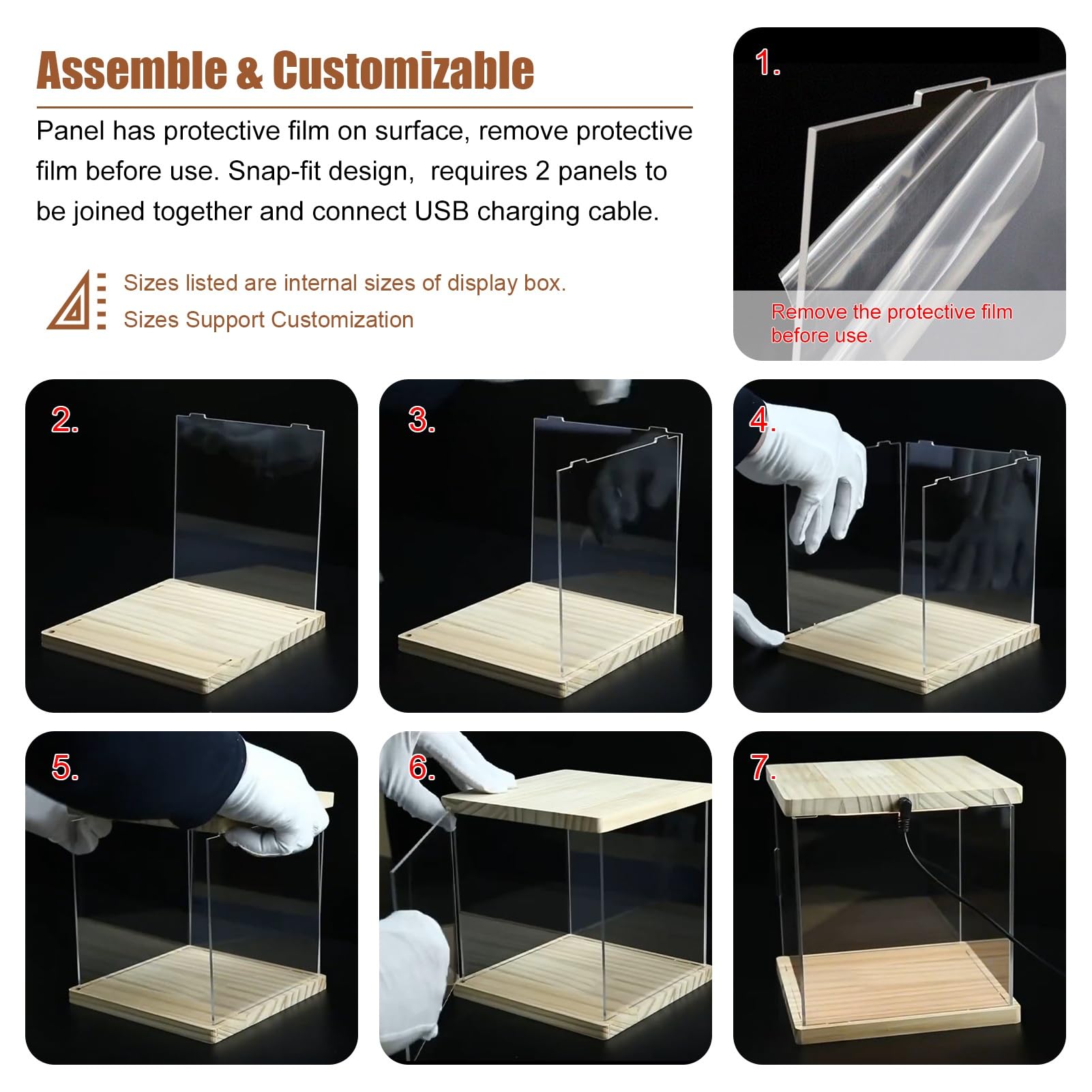 Teca Plexiglass Extra Lungo, LED a Luce Calda, Teca in Acrilico, Involucro | Vetrina con Base e Coperchio in Legno, Ampia Capacità di Stoccaggio, Organizer Personalizzabile(60x20xH20cm/24x8x8in)