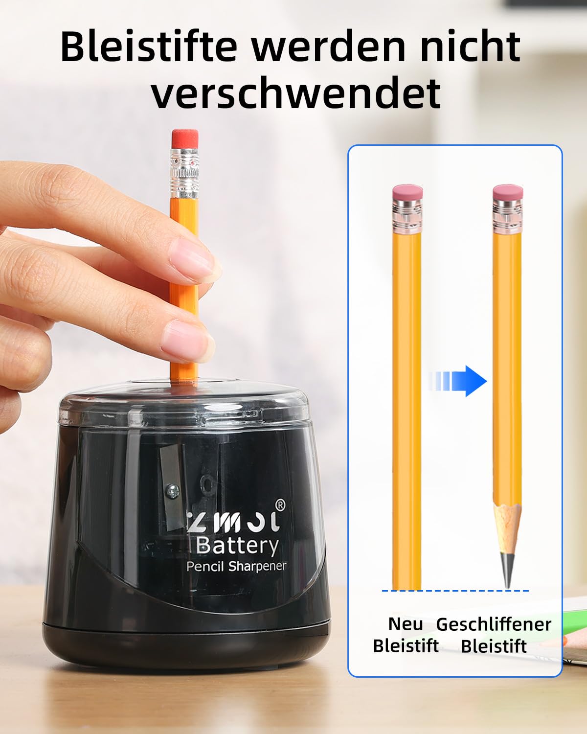 ZMOL Elektrischer Spitzer & Anspitzer, Bleistiftspitzer für Kinder, Batteriebetrieben für Buntstifte und Bleistifte (6-8mm), für Schule, Büro, Haushalt und Klassenzimmer, Kinderfreundlich – Schwarz