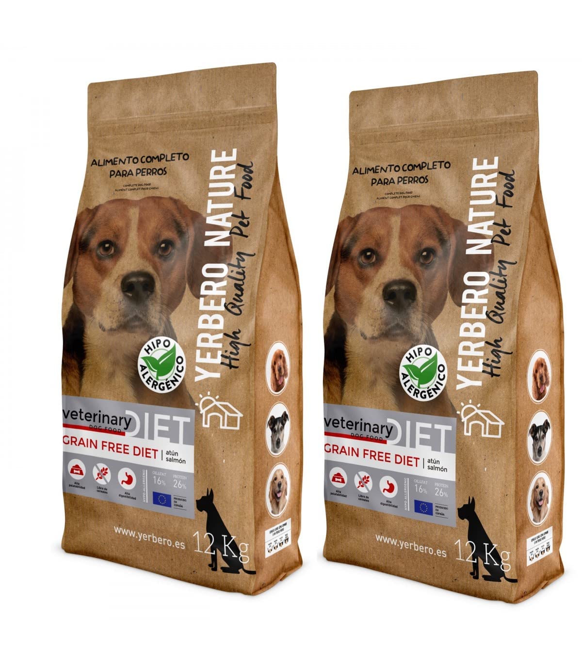 Yerbero Nature Grain Free Diet atun y salmón, 2 uds de 12 kg de alimento sin Cereales para Perros con 18 € de Ahorro.