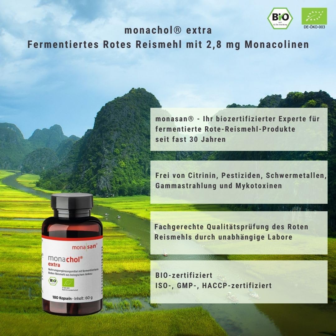 MONASAN monachol® extra BIO-zertifiziert Fermentierter Roter Reis 180 Stück | 2,8 mg Monacoline pro Kapsel, Vegan, Biozertifiziert DE-ÖKO-003, Citrininfrei, Laborgeprüft, Bedarf 6 Monate