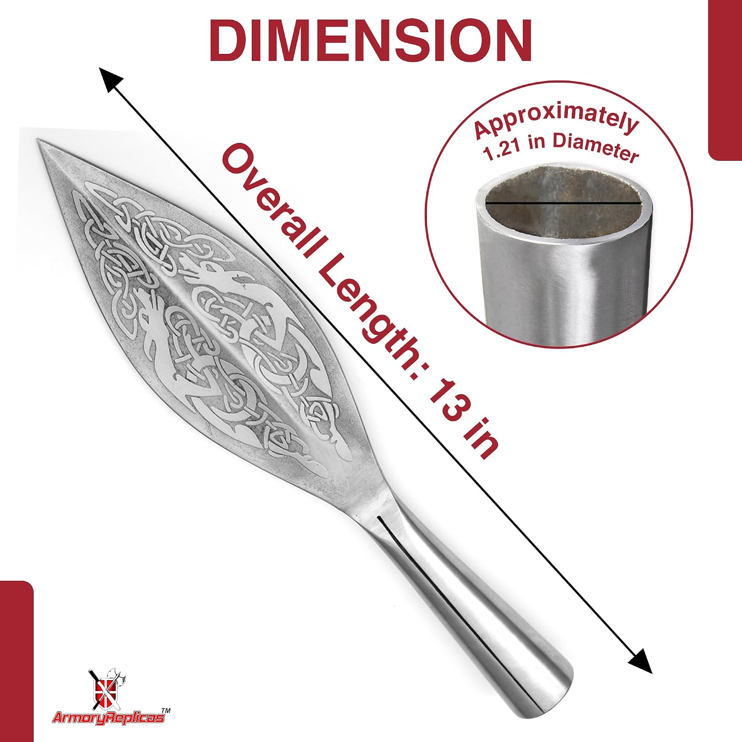 Armory Replicas™ Viking Leaf Spear Head with Leather Sheath – High Carbon Steel, Etched Dragon/Knotwork Design, 13.25 Inches, Perfect for Viking Costume