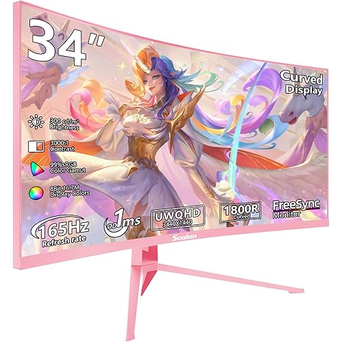 34 inch Curved Ultrawide Gaming Monitor 165Hz Pink,3440x1440 21:9 UWQHD, 1ms(MPRT),1500R, PIP/PBP,HDR400, 99% sRGB,300nits, FreeSync, HDMI2.0(TMDS) x2,DP1.4 x2, Eye Care