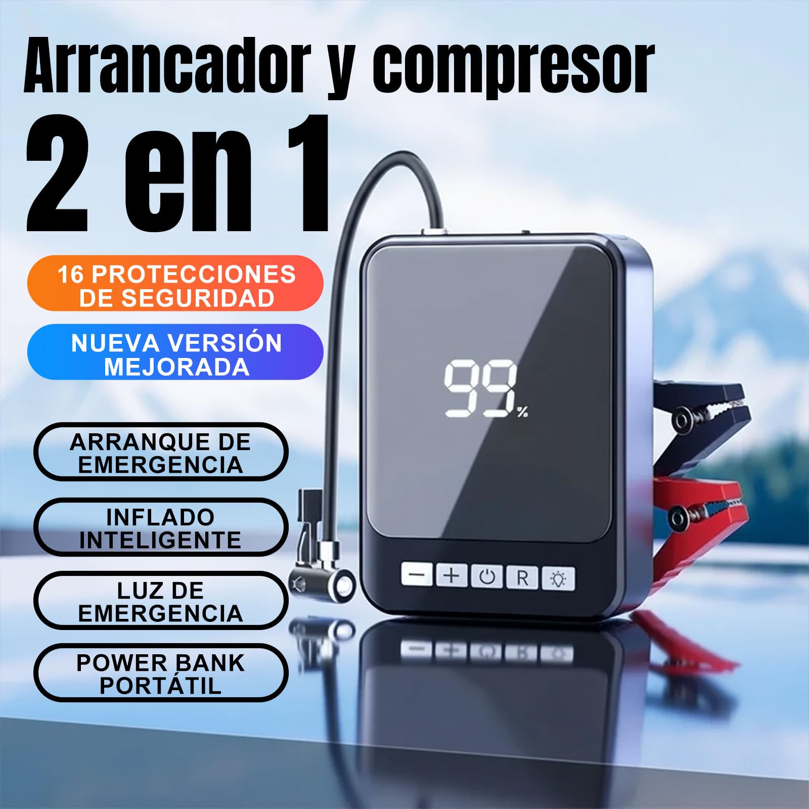 Arrancador de Batería de Coche 1000A con Compresor de Aire 150 PSI -Jump Starter 12V e Inflador de Neumáticos Portátil 60W, Pantalla LCD, Batería Externa y Luz LED SOS para Coche,Moto y Bici