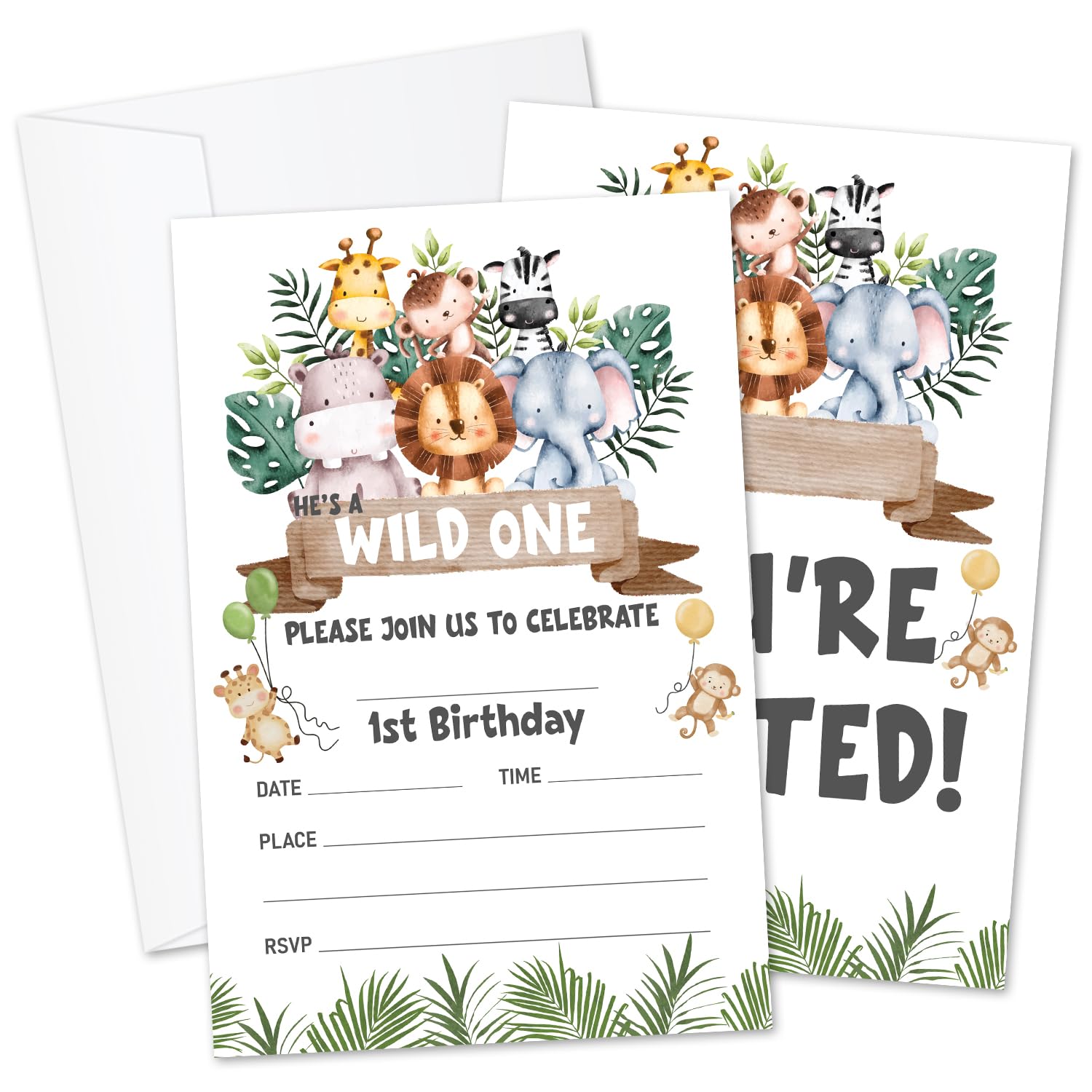 HONPHAX Jungle Animal 1st Birthday Invitations, Wild One Birthday Invites For Boys Girls, Set of 20 Girl Party Invitations Card With Envelopes/Bday007