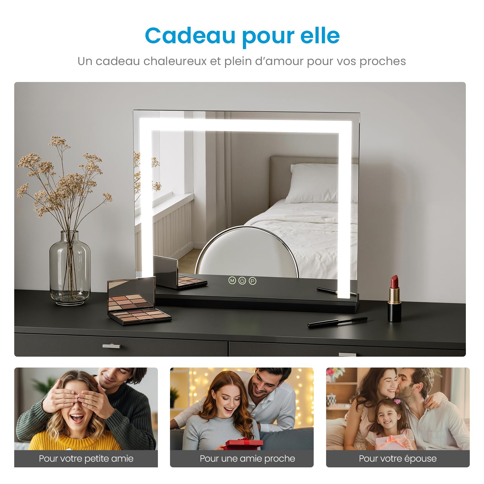 Heilmetz Miroir Coiffeuse LED 50x42cm Noir, Mirroir Maquillage Lumineux Hollywood avec 3 Températures de Couleur, Dimmable, Touche Tactile