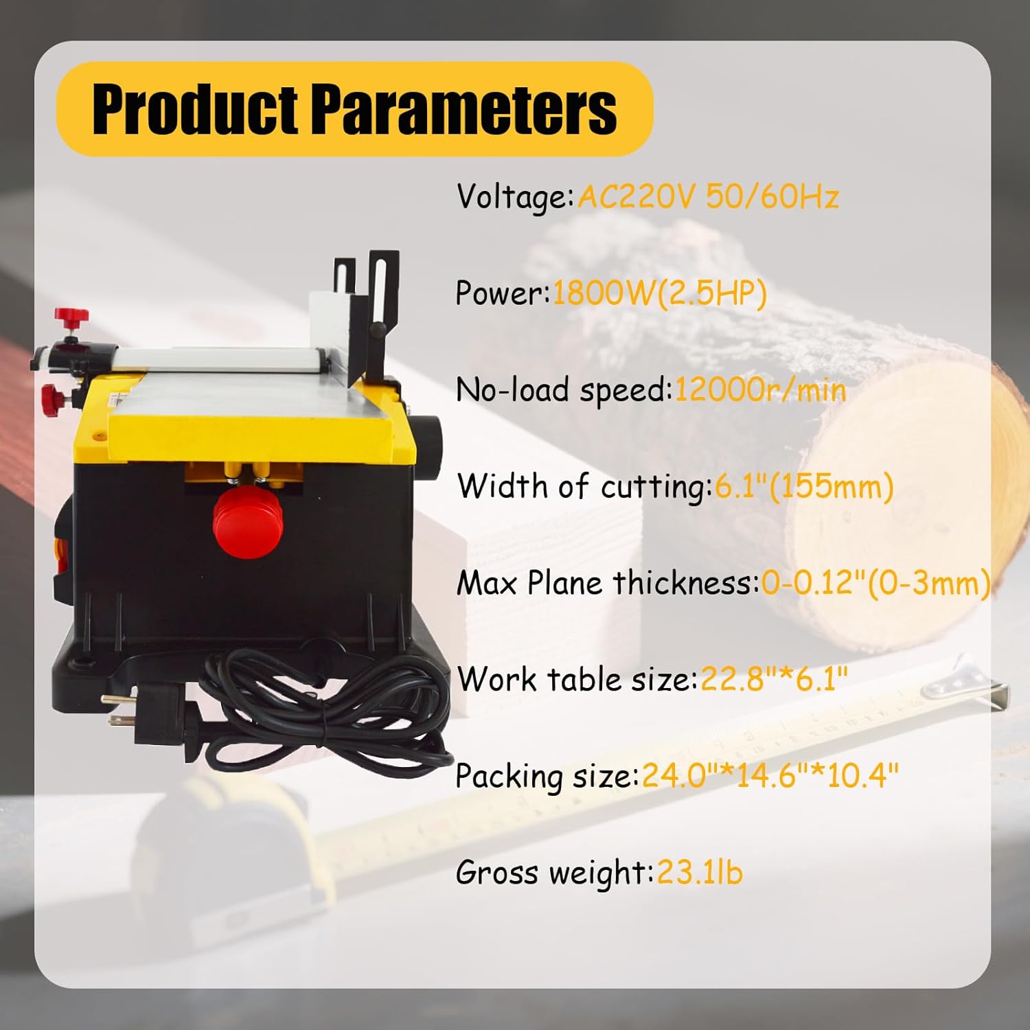 1800W Woodworking Bench Planer Small Wood Processing Machine Portable for DIY and Decoration Industry Cabinet Making Small Factories 22.8"*6.1" Wood Trimming Plywood Leveling
