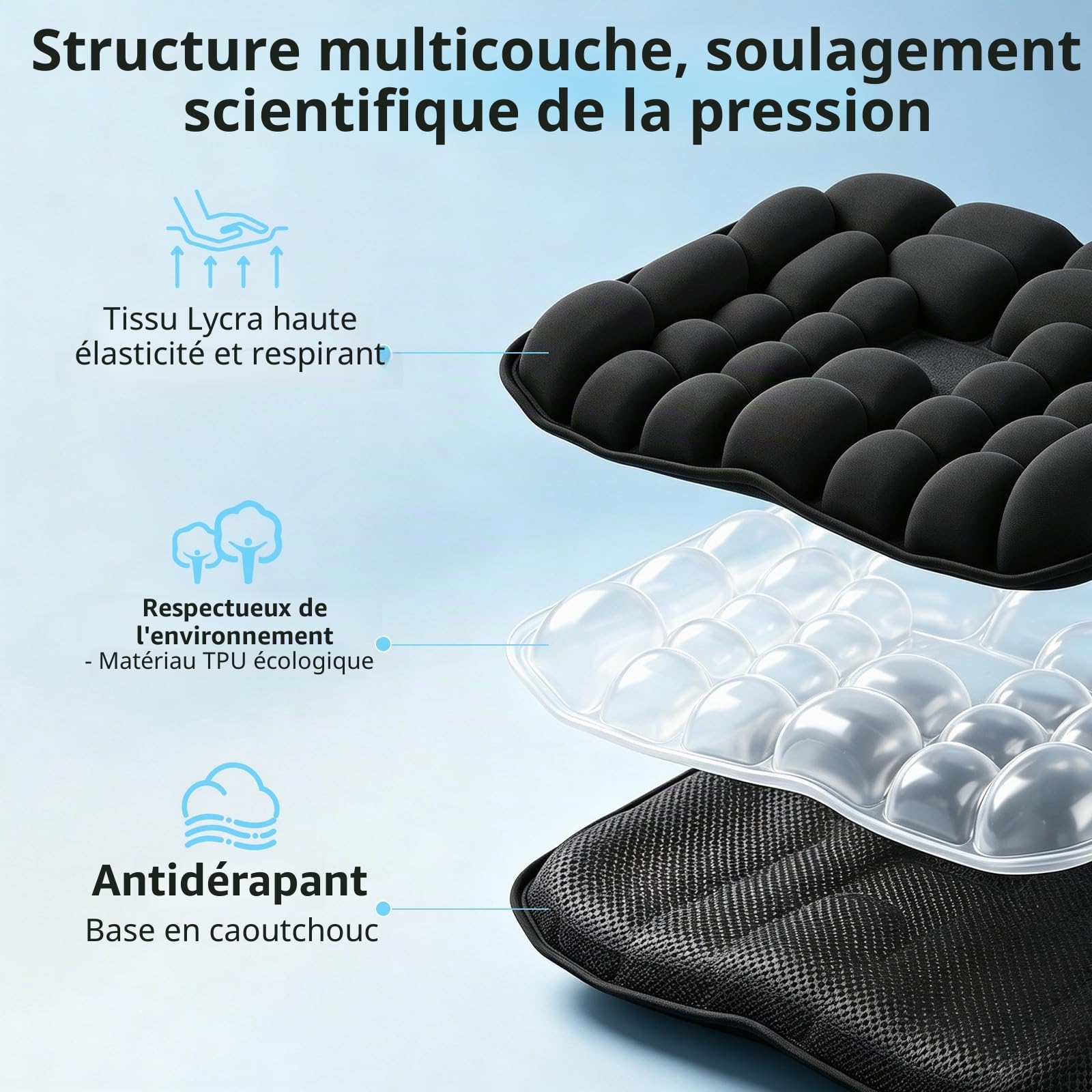 3D Coussin Antiescarres Gonflable – Coussin Coccyx Ergonomique pour Soulager Douleurs Dorsales & Hémorroïdes – Siège Auto Gonflable pour Bureau, Fauteuil Roulant, Voyage – Noir (45x40cm)