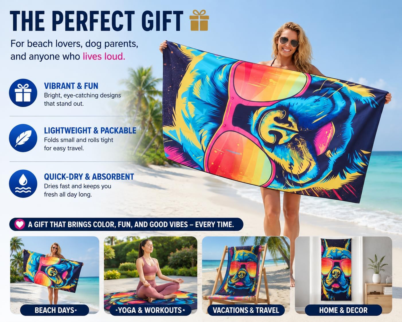 Microfiber Happy French Bulldog in Sunglasses Colorful Beach Towel for Women, Girls, Kids, Men, Plush Beach Towel, Quick Dry Pool Towel Super Soft, Oversized 31x62 Inches