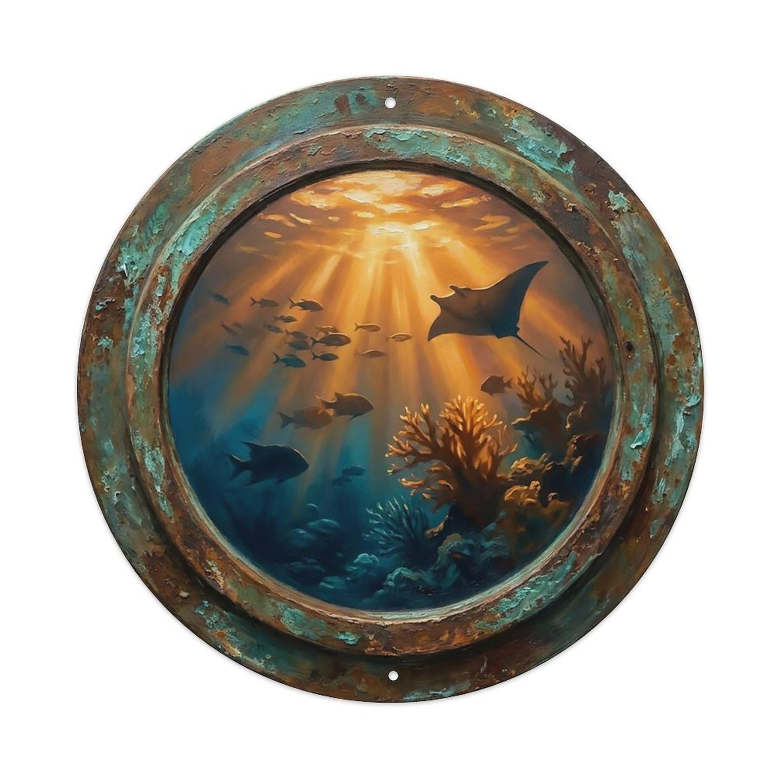 Vintage Porthole Sunset Rays Ship Window Undersea Deep Sea Metal Tin Sign