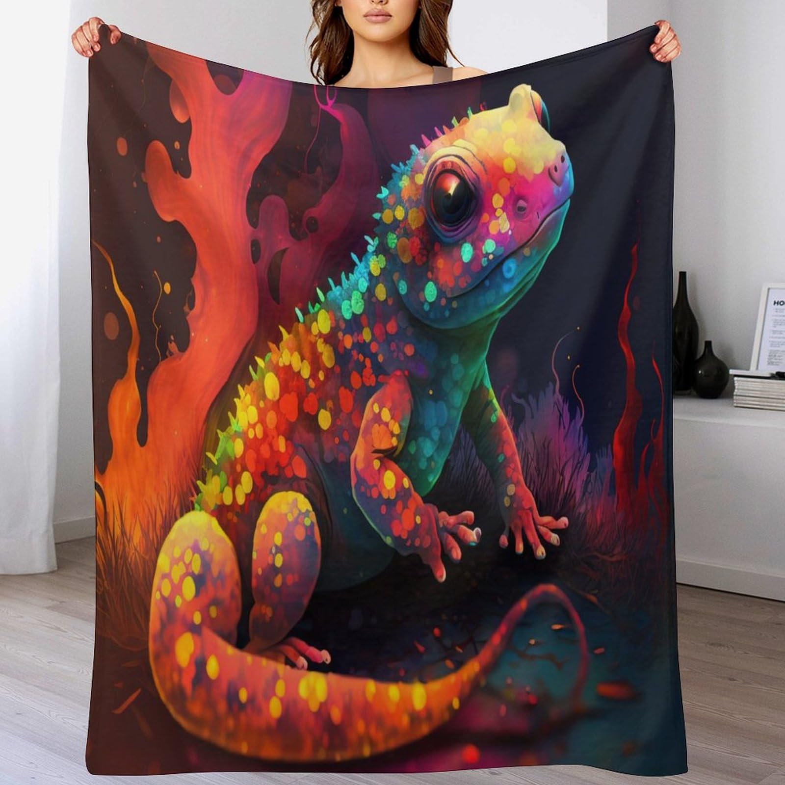 Couverture flanelle gecko coloré, grand plaid toutes saisons pour lit et canapé