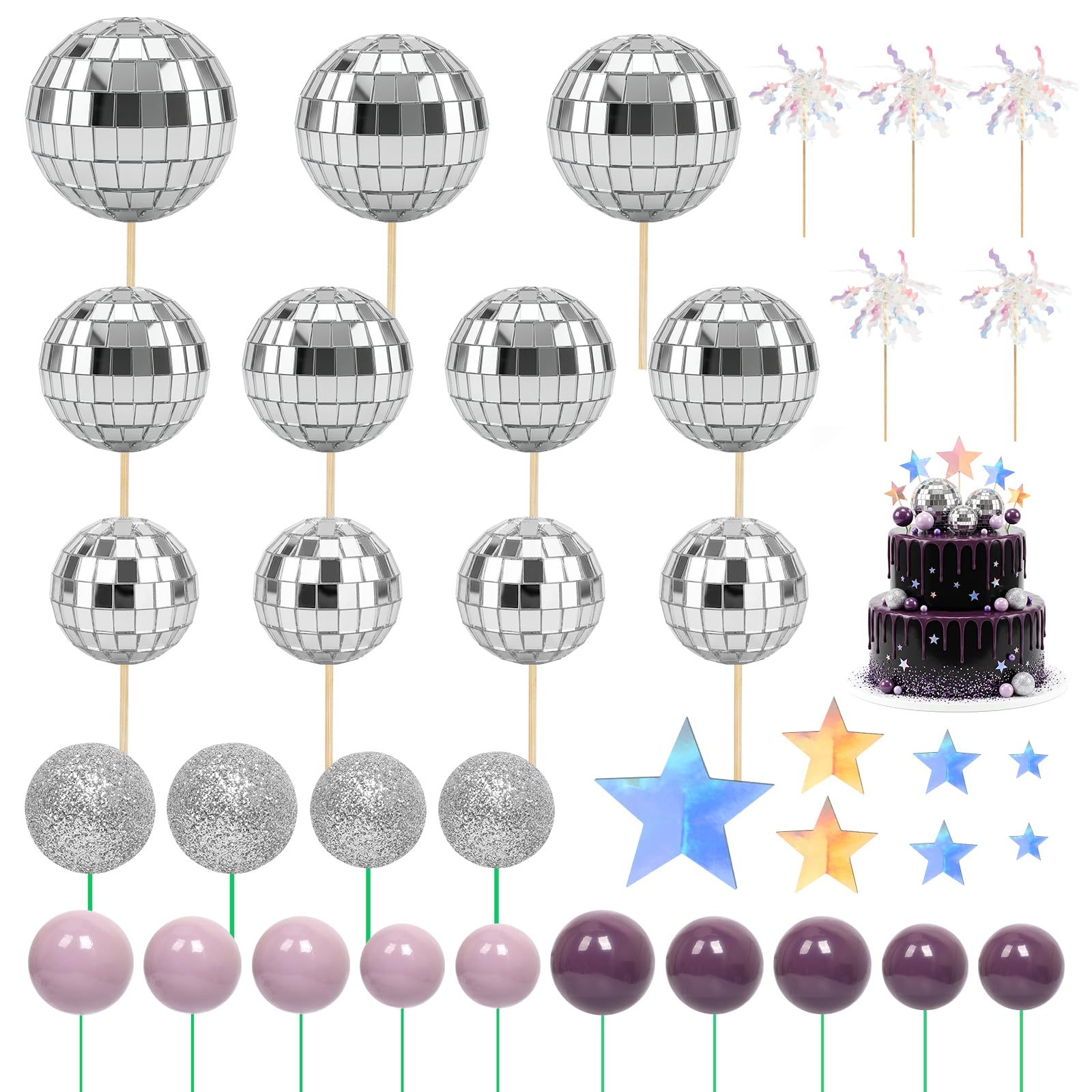 Purple Disco Ball Cake Decoration, Kaluofan 34PCS Cake Flowers Disco Ball Cake Decorations for 70s/80s Disco Theme Party Decoration Wedding Birthday Cake Decor Supplies Birthday Party Decoration