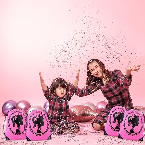 Miniatura 6 de 12 bolsas grandes de color rosa intenso de 13 x 16 pulgadas con cordón para fiesta de princesa, bolsas de regalo, bolsas de dulces, bolsas de