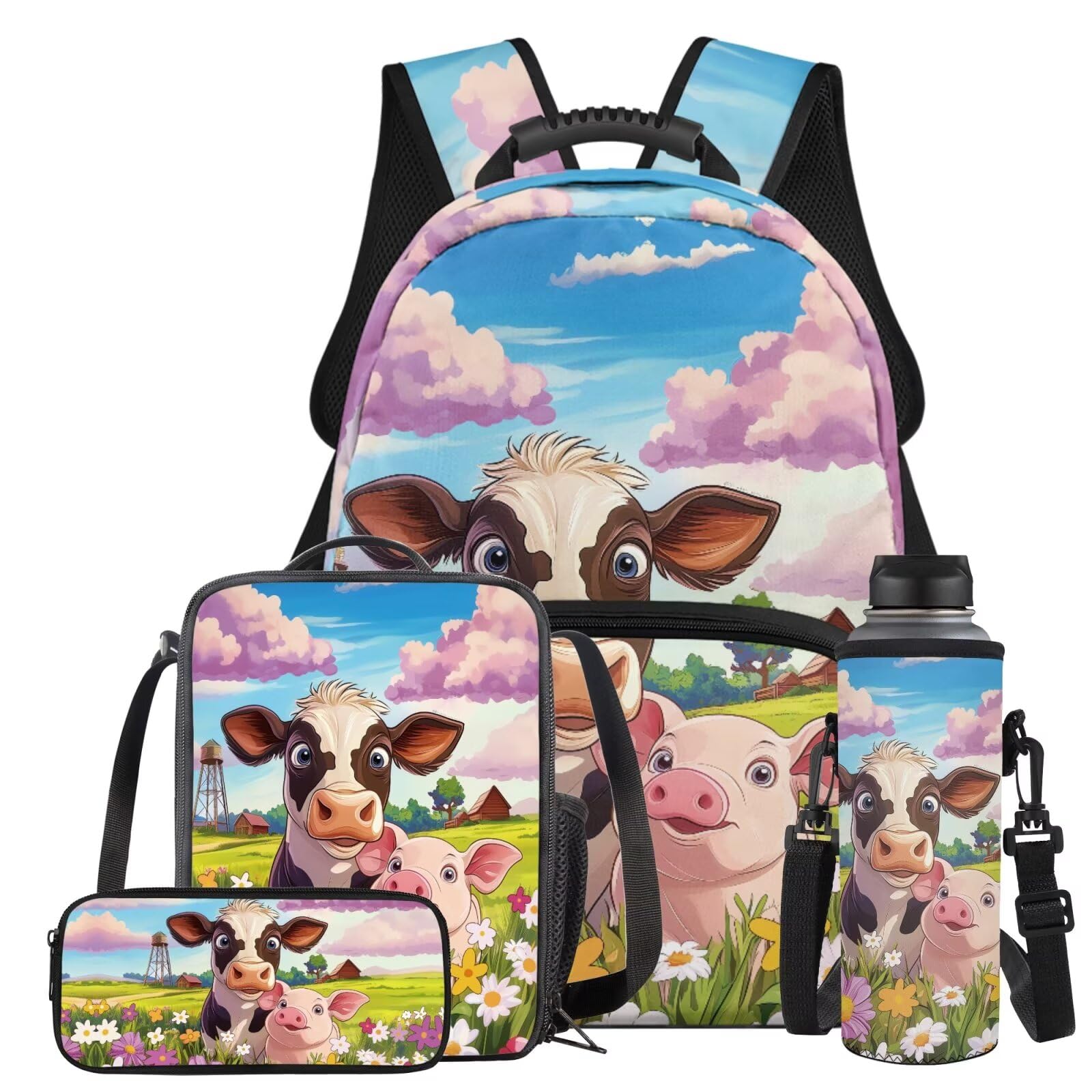 Zaino per bambini con borsa per il pranzo, set leggero per libri scolastici, 4 pezzi, per regali per il rientro a scuola, Mucca e maiale