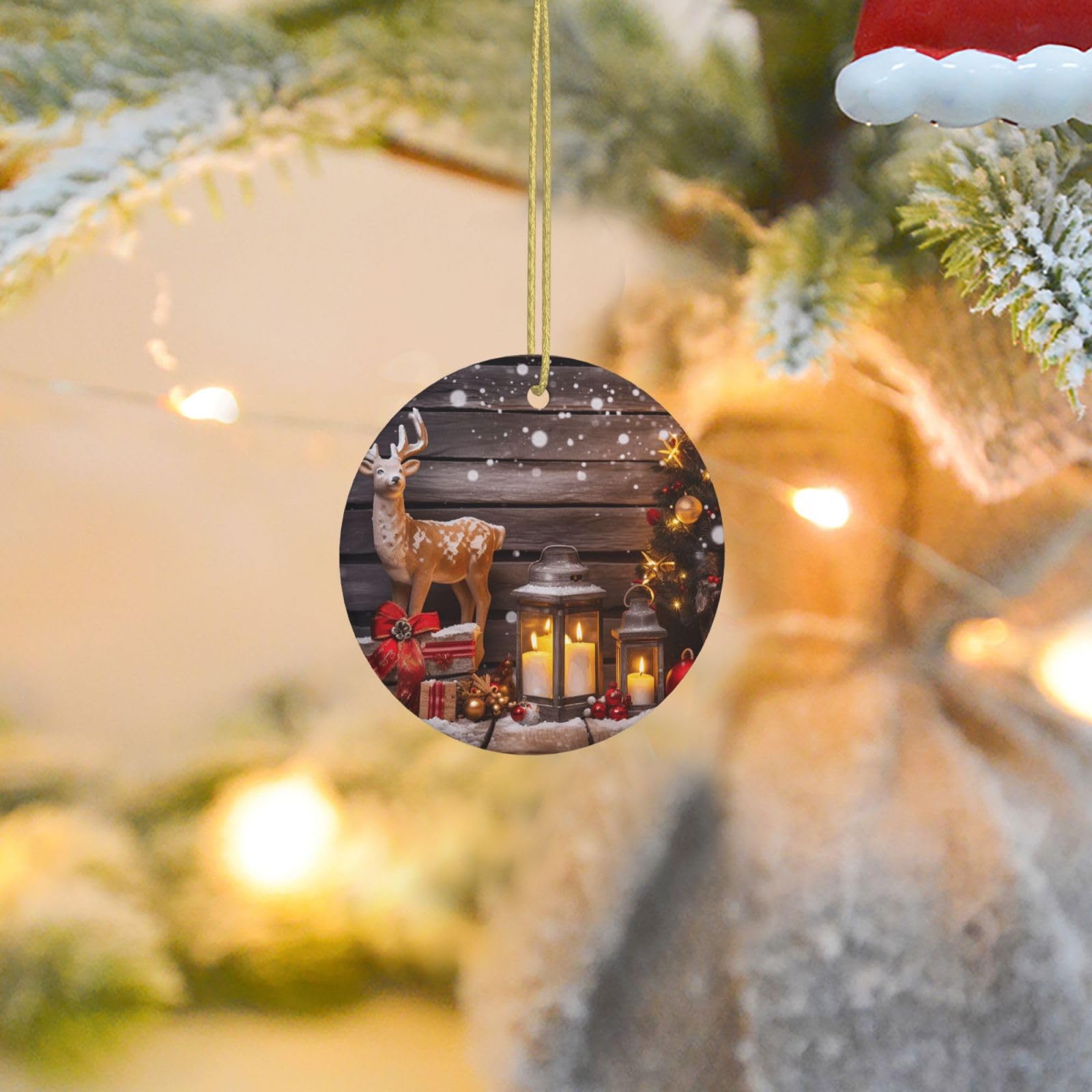 Christmas Tree Ornaments Ceramics Christmas Round Decorations Merry Christmas Candle Deer Ceramics Ornaments Circle Pentagram Xmas Tree Hanging Pendant for Christmas Tree Party Holiday Home Decor