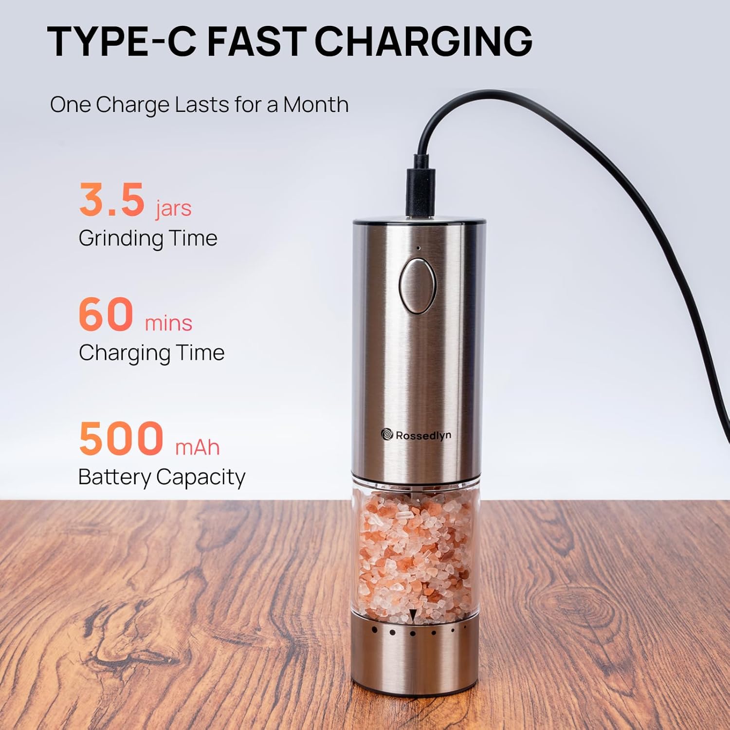 Electric Salt and Pepper Grinder Set, Christmas Kitchen Gift, Rechargeable with LED Light, Large Capacity Stainless Steel Refillable Pepper Mill Set with 6 Adjustable Coarseness - Image 3