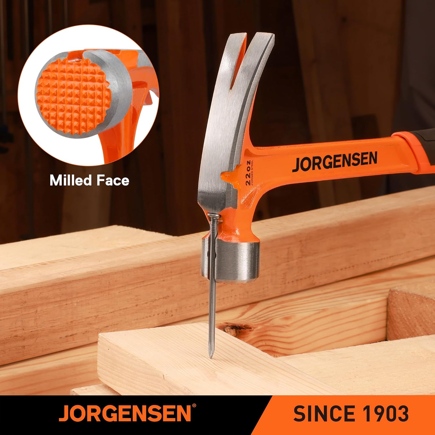 Jorgensen 22 oz Framing Hammer, Straight Claw Hammer with Magnetic Nail Holder, Rip Claw Hammer with Milled Face, Side Nail Puller, Shock Absorbing Grip, Heavy Duty One-piece Forged Hammer