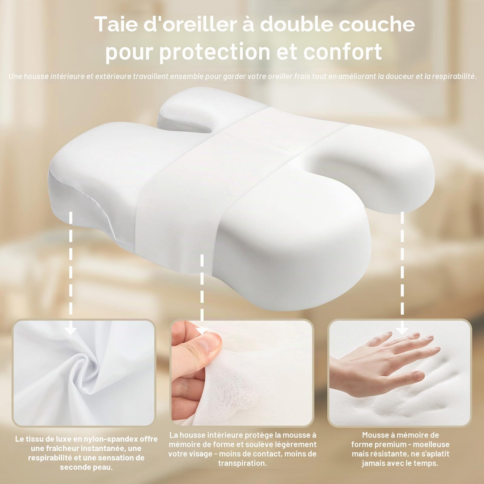vocheer Silkly Oreiller de beauté anti-rides, oreiller cervical rafraîchissant en mousse à mémoire de forme avec design ergonomique, soutient le cou et les épaules pour les personnes dormant sur le