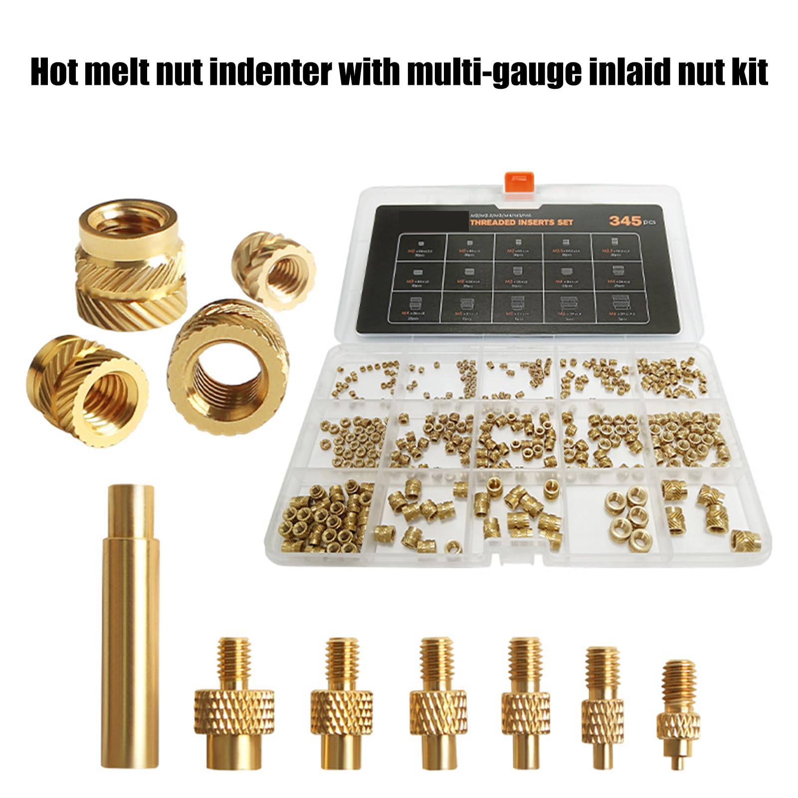Set di dadi in ottone con inserto termico in diverse misure, con punte per saldatore da 2 a 8 punte in ottone, per un totale di 345 accessori per saldatura
