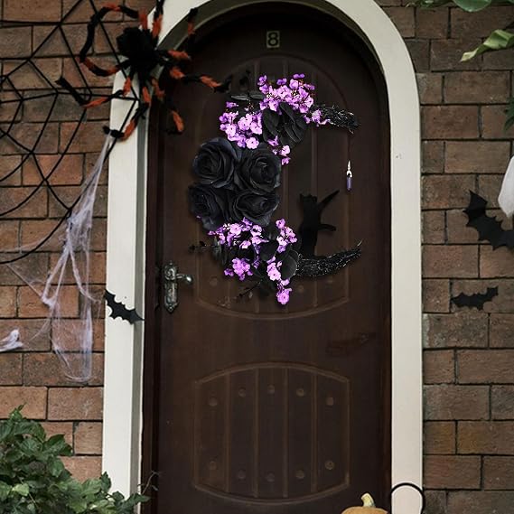 Halloween Wreath - Black Cat Moon Door Decor with Lights for Indoor Outdoor Party Wall, Unique Crescent Moon Wreath Design, Perfect Halloween Decorations for Front Door (Purple)