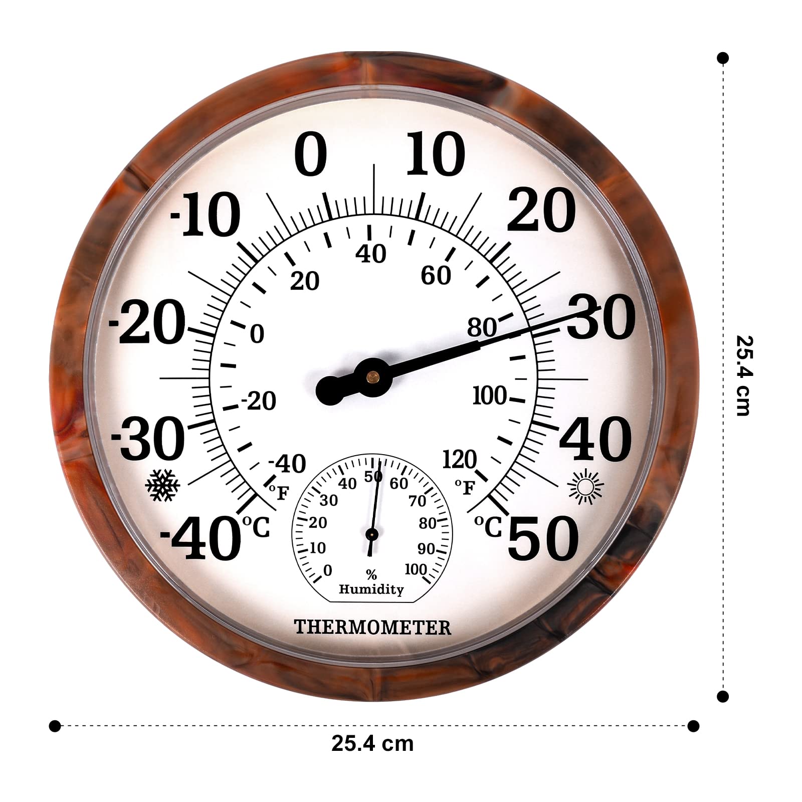 Indoor Outdoor Thermometer Hygrometer - 10 Zoll Außenthermometer Große Zahlen, 2 in 1 Thermometer Hygrometer, Außenthermometer für Terrasse (Brown)