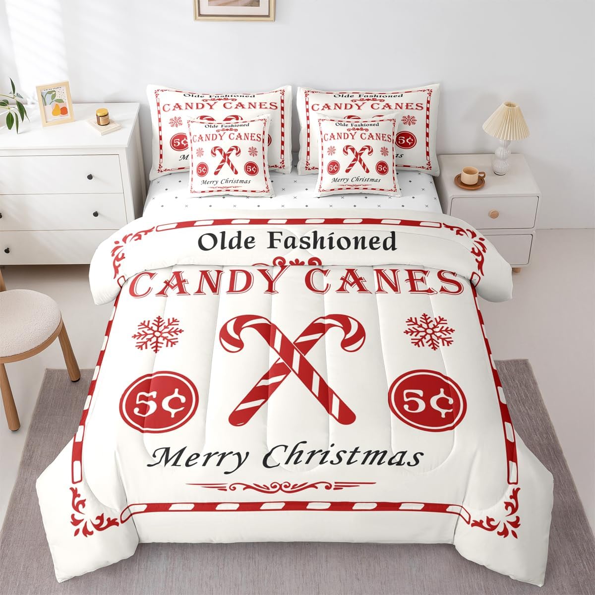 Feelyou Christmas Bedding Set 7 Pieces Kids Christmas Quote Bedding Set Queen Size Candy Canes Print Comforter Set Xmas White Bed in a Bag （Comforter, Sheets, Pillowcases & Cushion Covers）