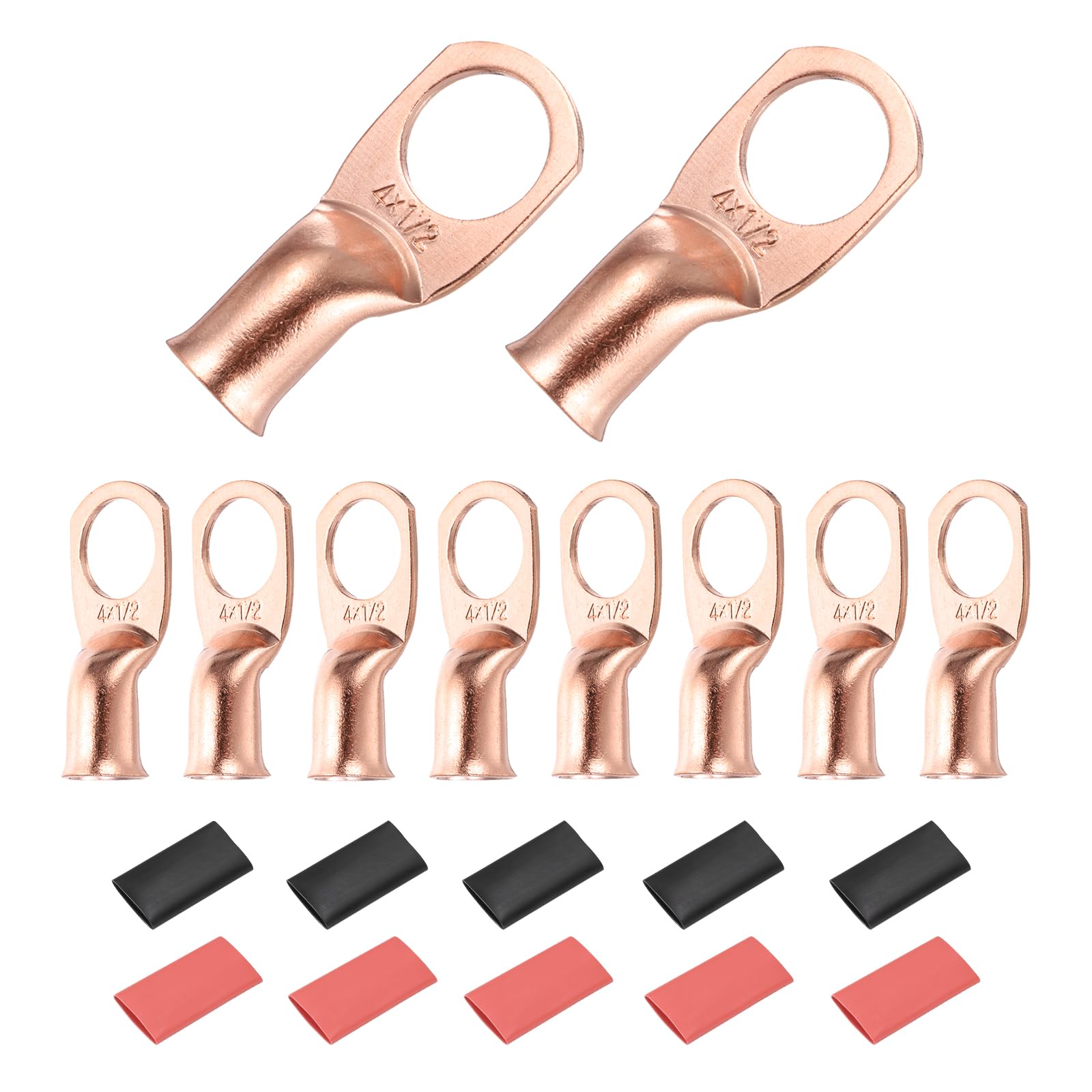 DMiotech 10 Pcs 4 AWG - 1/2" Copper Cable Lugs, Battery Cable Ends, Heavy Duty Copper Wire Lugs with 10pcs Heat Shrink Tubing for Electrical Projects, Copper