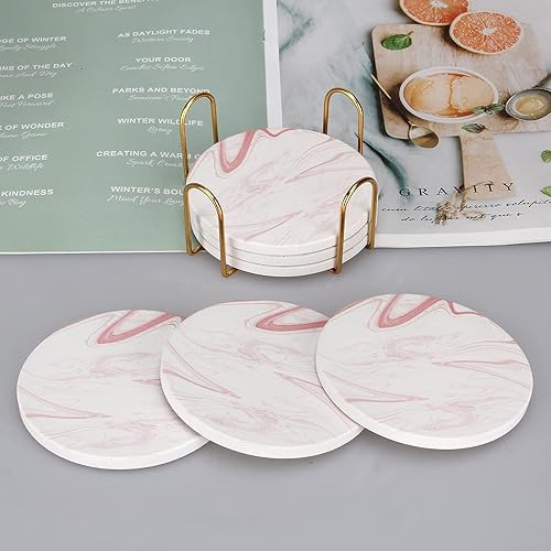 Miniatura 4 de Juego de 6 posavasos de mármol rosa para decoración de mesa de café de piedra, posavasos de cerámica absorbente con soporte, accesorios decorativos