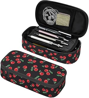 Red Cherry Black Pencil Case Big Capacity Storage Pencil Pouch Stationery Bags With Zipper Portable Pen Holder Box Organizer For Boys Student College School Office Supplies