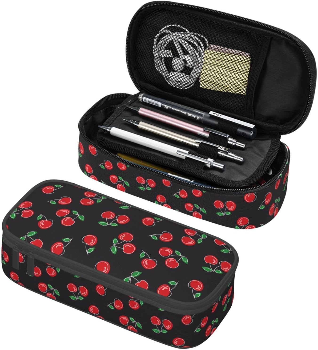 Red Cherry Black Pencil Case Big Capacity Storage Pencil Pouch Stationery Bags With Zipper Portable Pen Holder Box Organizer For Boys Student College School Office Supplies