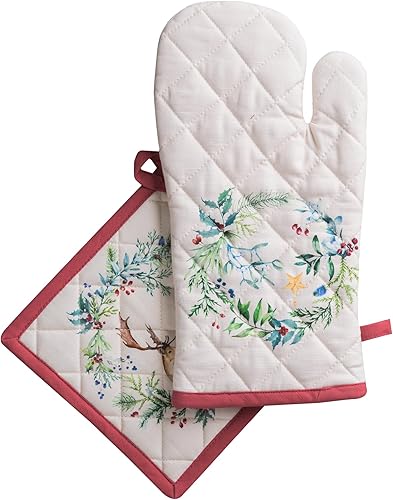 Maison d' Hermine - Juego de guantes de cocina (7.5 x 13 pulgadas) y agarradera (8 x 8 pulgadas) Holly Time, 100 % algodón, manoplas de horno para
