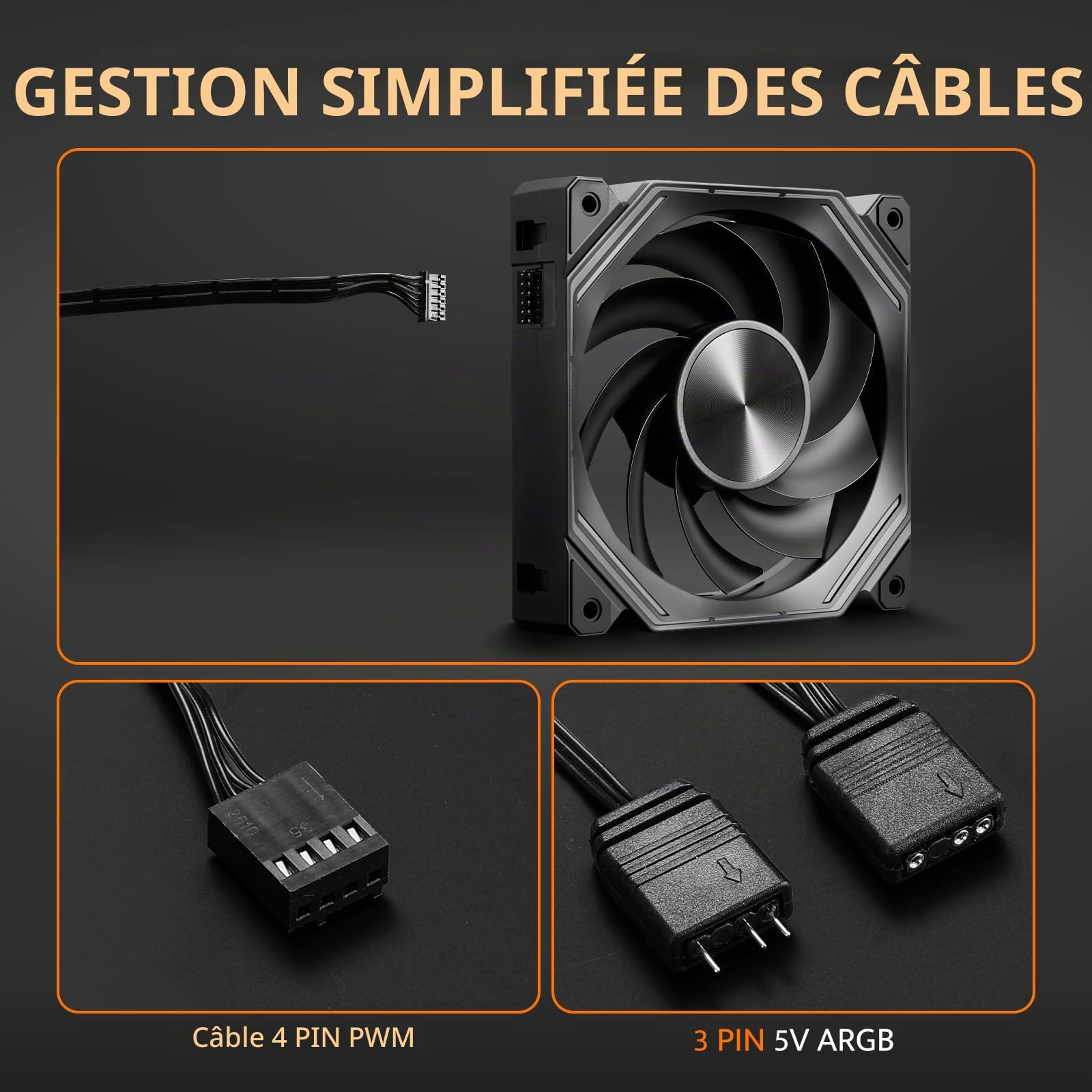 darkFlash INF34 Lot de 3 ventilateurs de boîtier PC 120 mm, chaîne en marguerite, refroidissement jusqu'à 2000 tr/min, PWM à 4 broches, ventilateur d'ordinateur ARGB (inversé, noir)